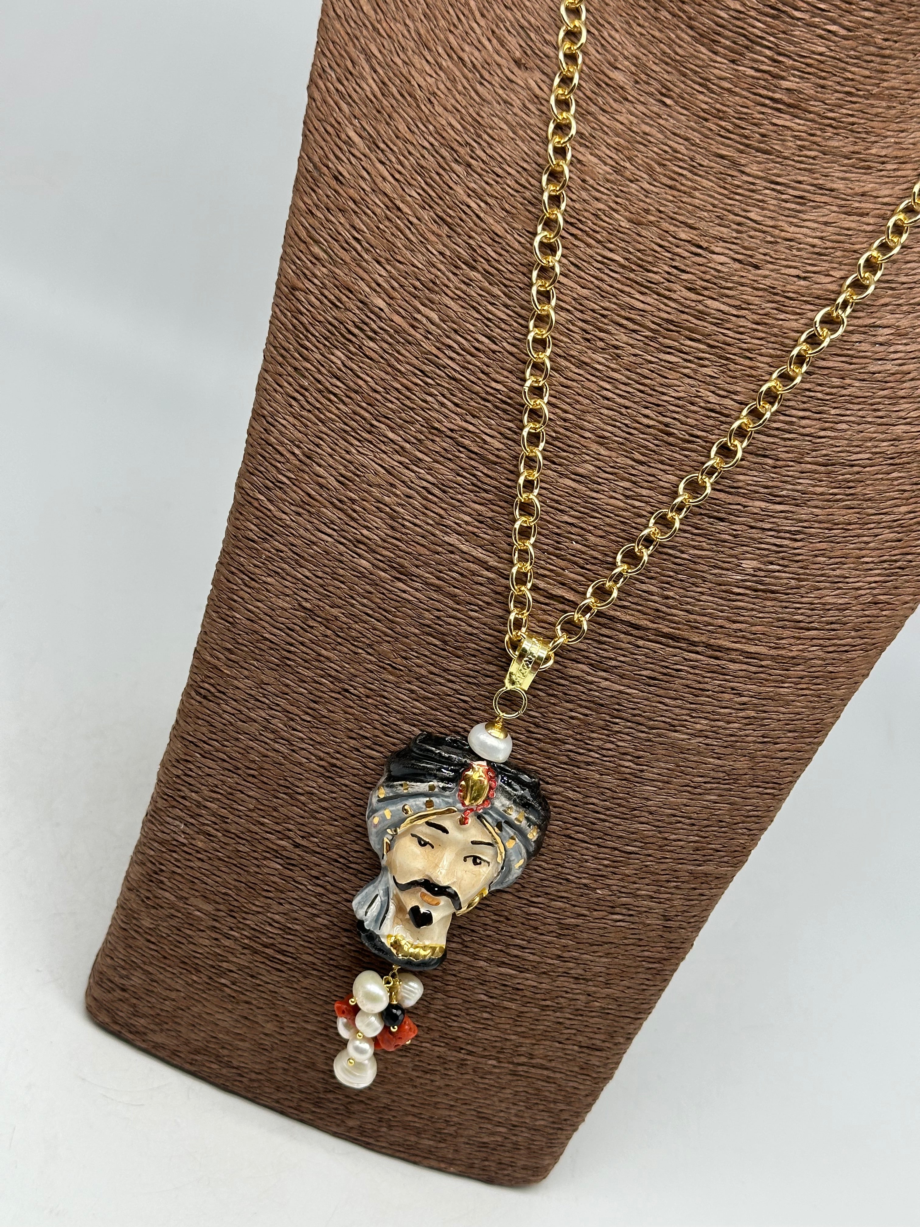 Collana Siciliana Testa di Moro Atena Ceramica di Caltagirone Turbante Nero-Grigio - COLLANA