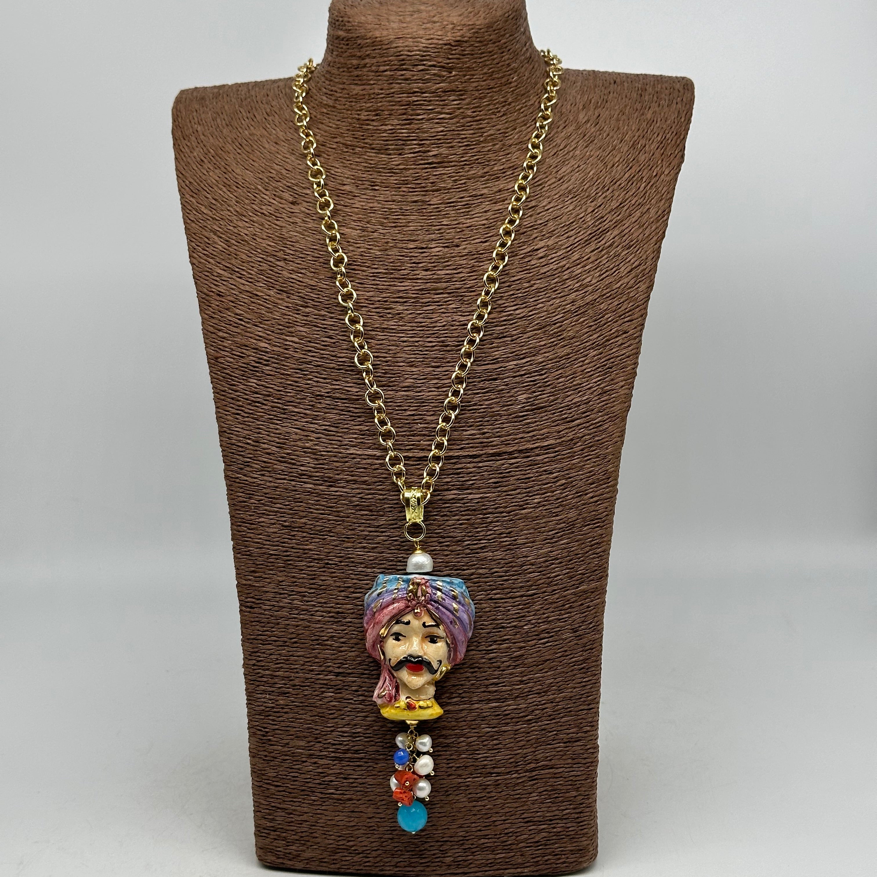 Collana Siciliana Testa di Moro Atena Ceramica di Caltagirone Turbante Celeste-Rosa - COLLANA