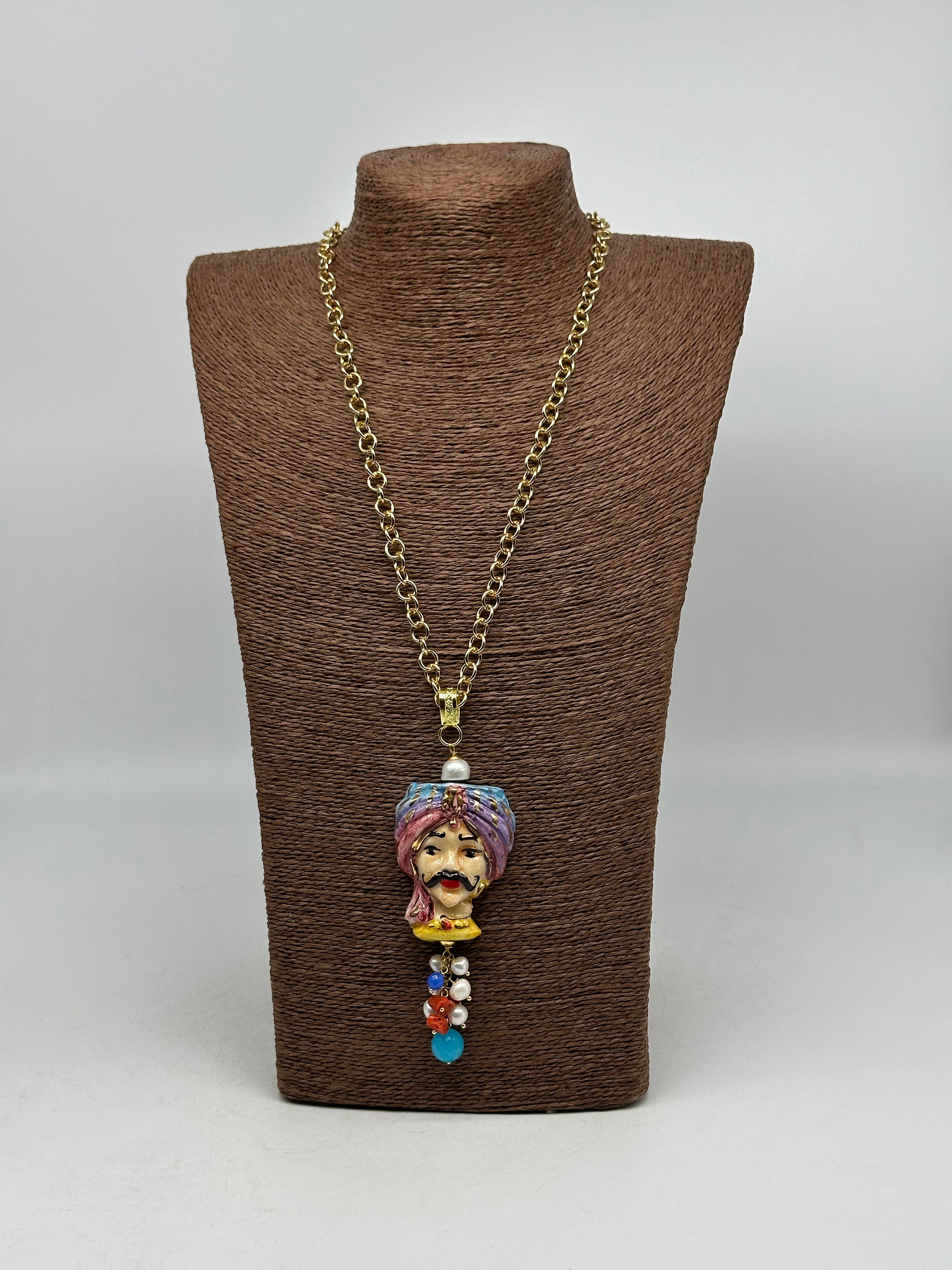 Collana Siciliana Testa di Moro Atena Ceramica di Caltagirone Turbante Celeste-Rosa - COLLANA