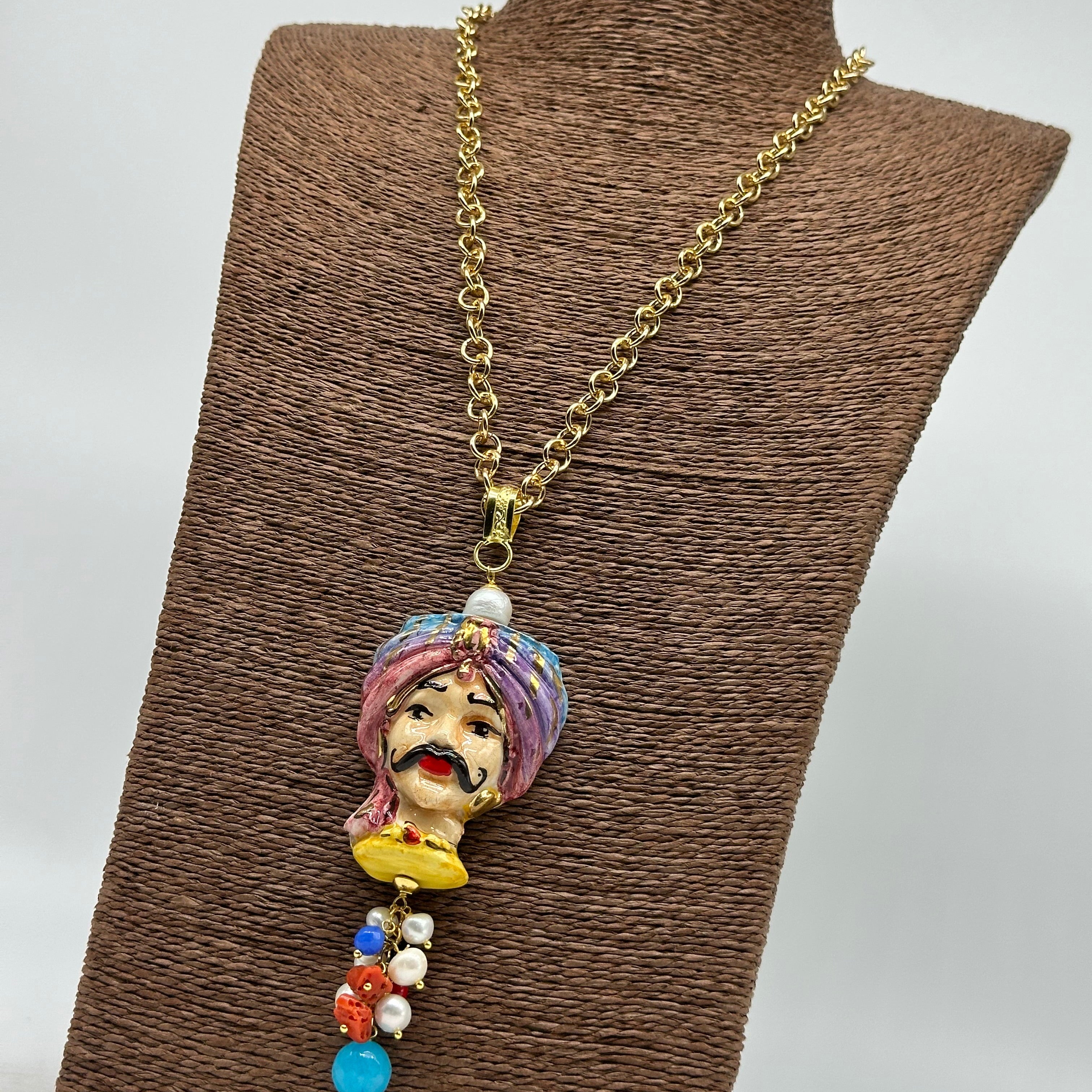 Collana Siciliana Testa di Moro Atena Ceramica di Caltagirone Turbante Celeste-Rosa - COLLANA