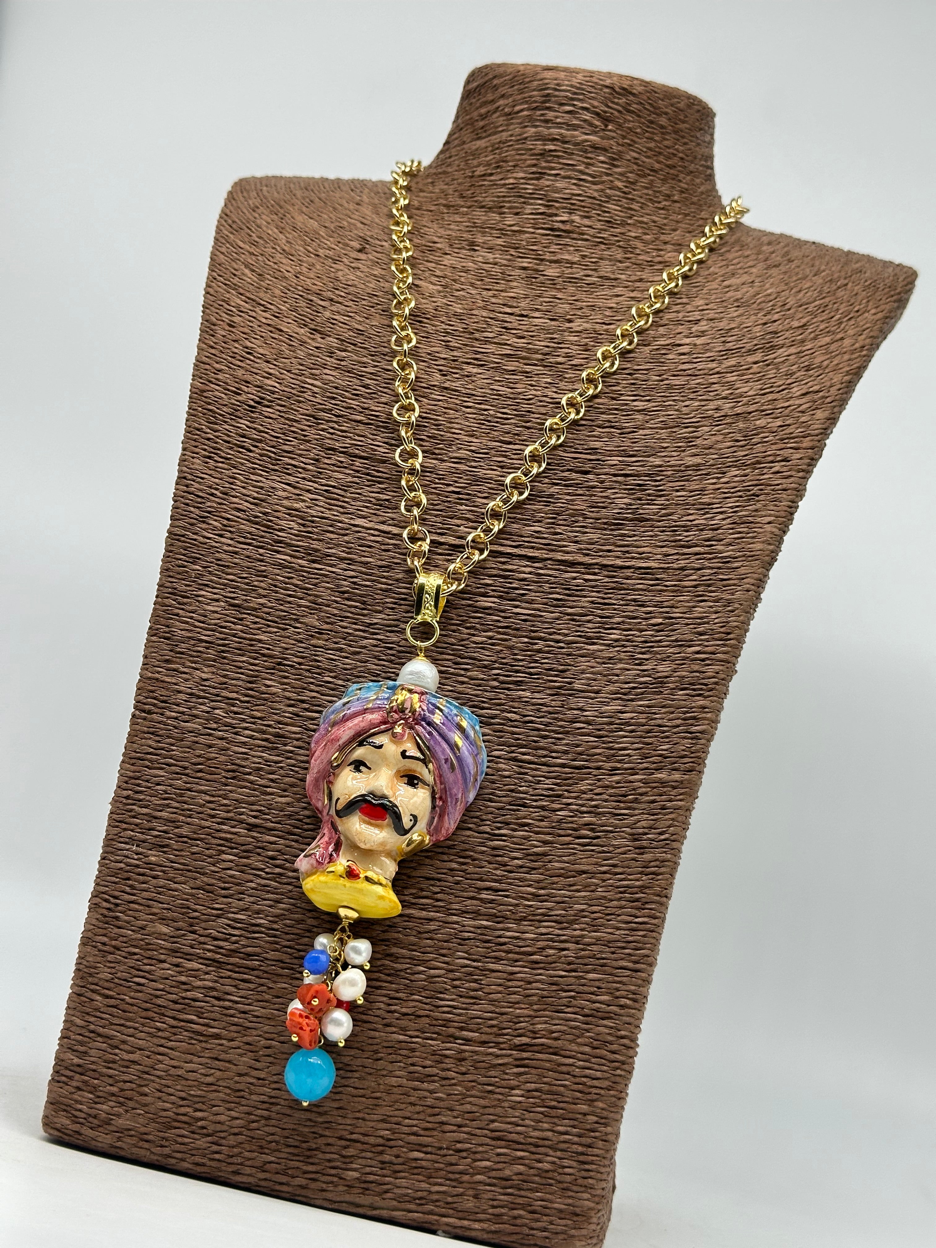 Collana Siciliana Testa di Moro Atena Ceramica di Caltagirone Turbante Celeste-Rosa - COLLANA