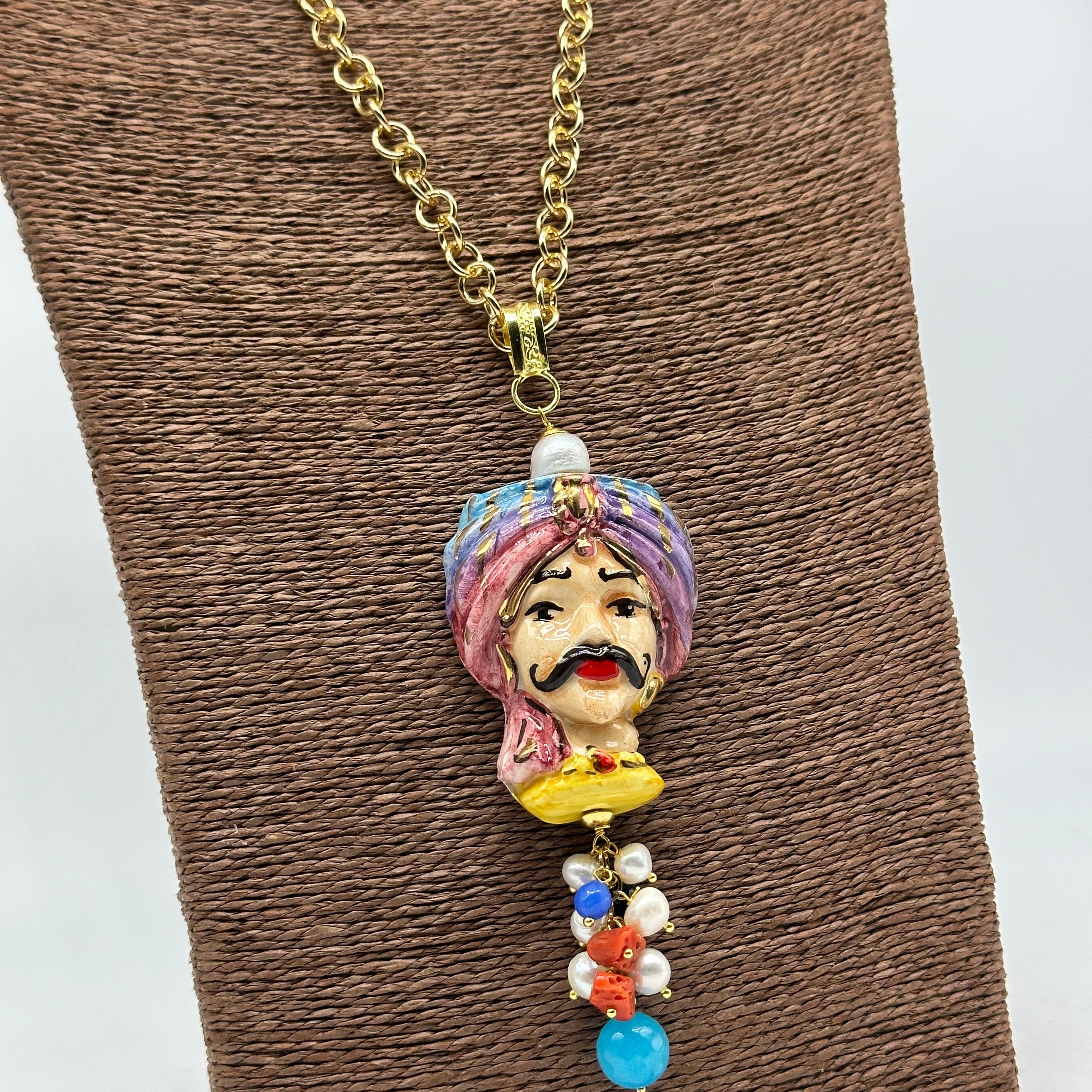 Collana Siciliana Testa di Moro Atena Ceramica di Caltagirone Turbante Celeste-Rosa - COLLANA