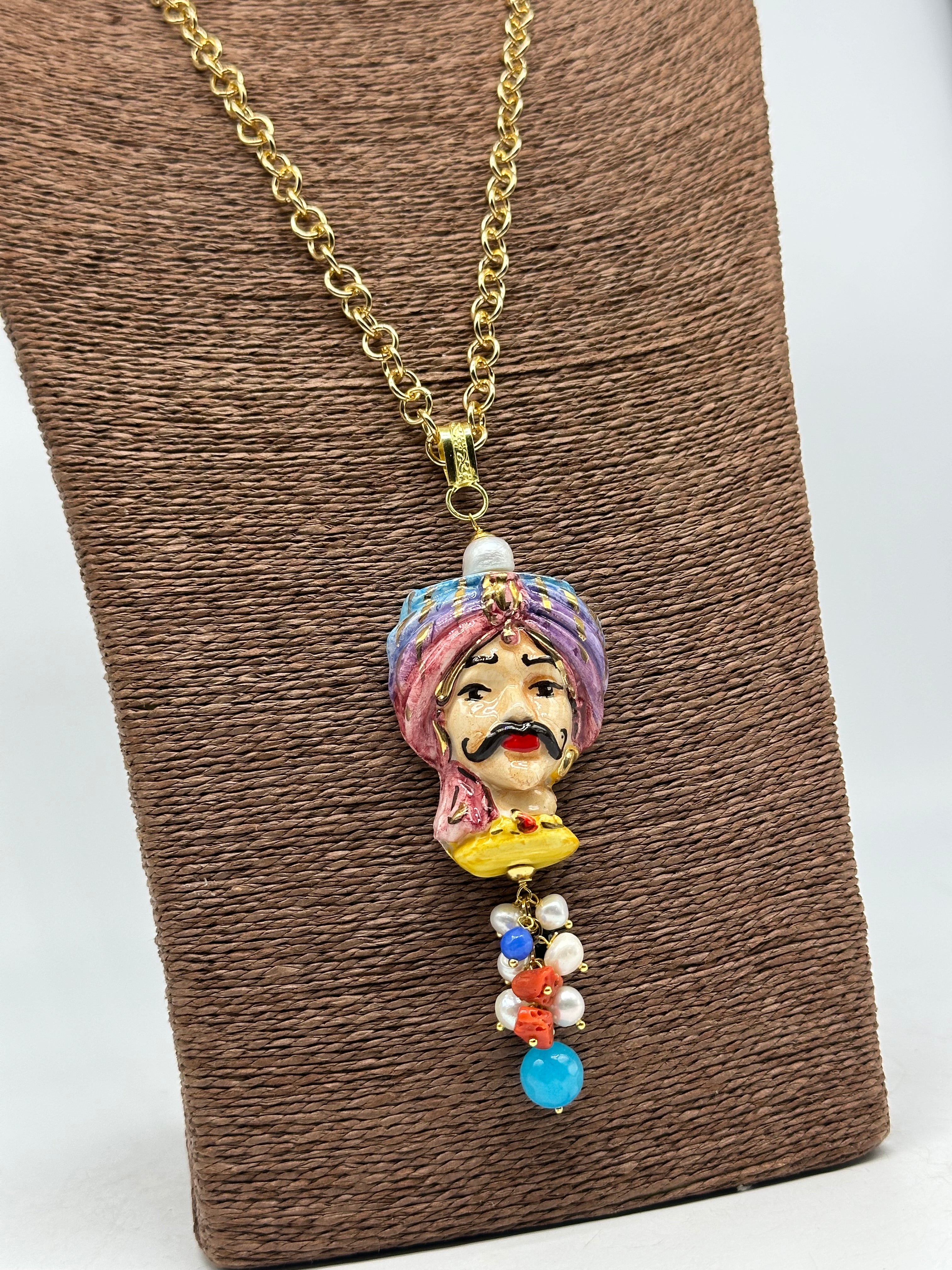 Collana Siciliana Testa di Moro Atena Ceramica di Caltagirone Turbante Celeste-Rosa - COLLANA