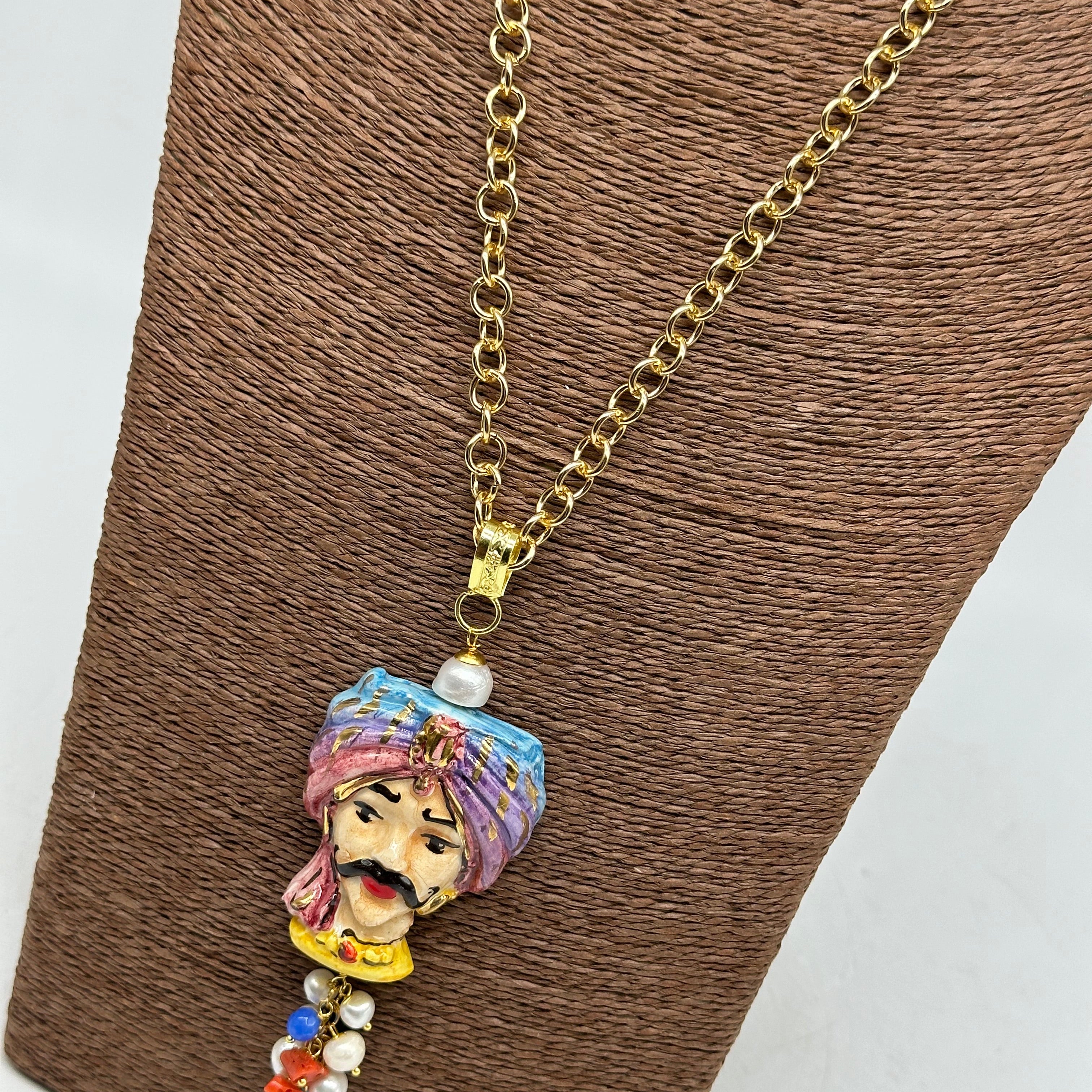 Collana Siciliana Testa di Moro Atena Ceramica di Caltagirone Turbante Celeste-Rosa - COLLANA