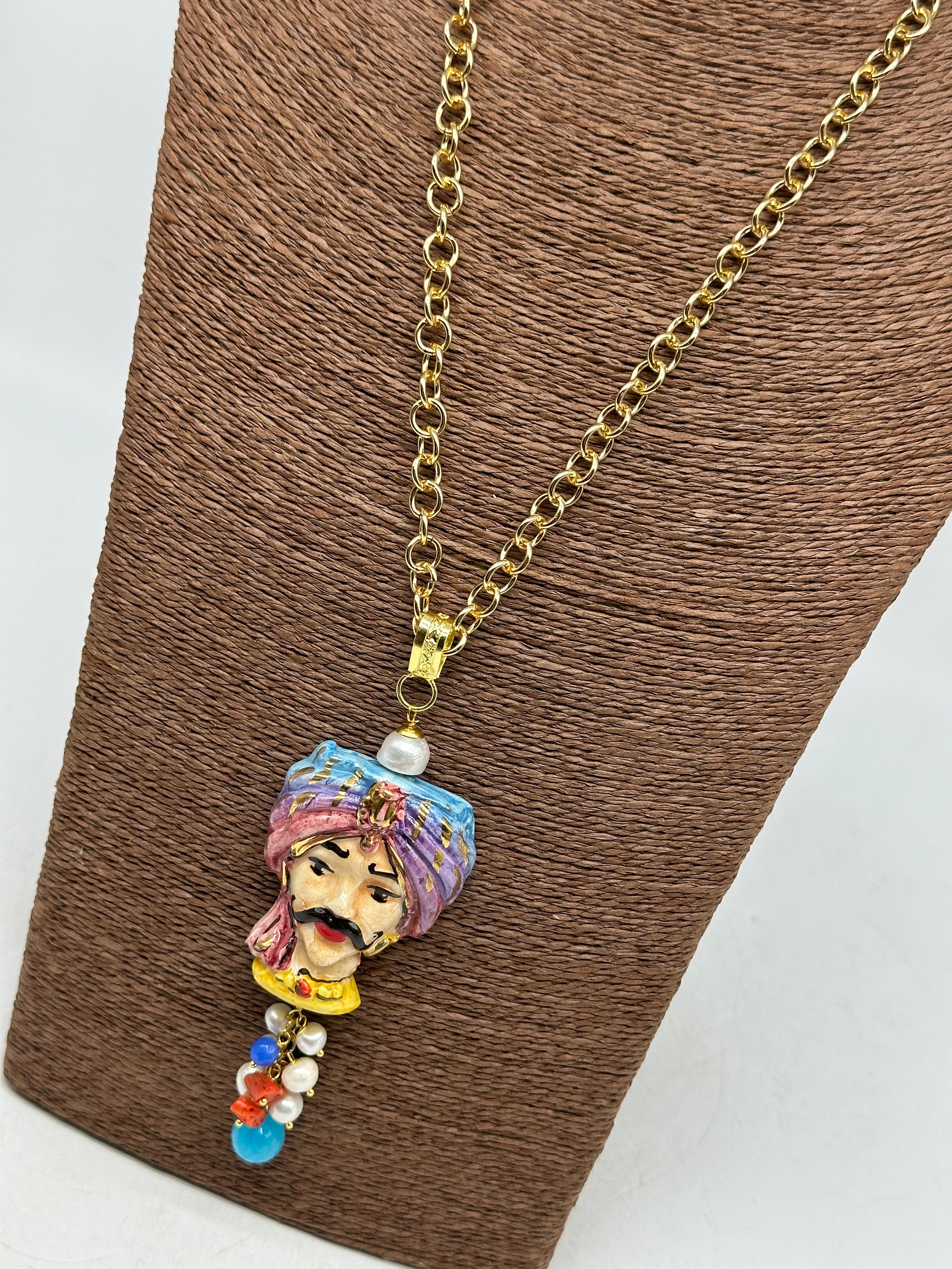 Collana Siciliana Testa di Moro Atena Ceramica di Caltagirone Turbante Celeste-Rosa - COLLANA