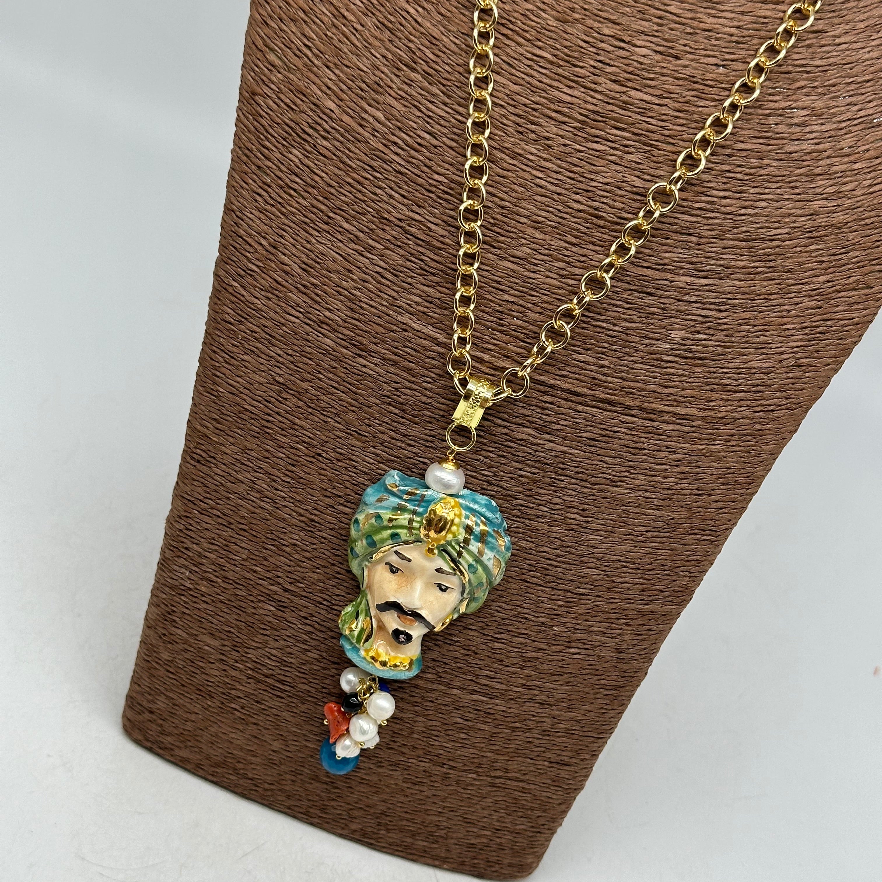 Collana Siciliana Testa di Moro Atena Ceramica di Caltagirone Turbante Verde - COLLANA