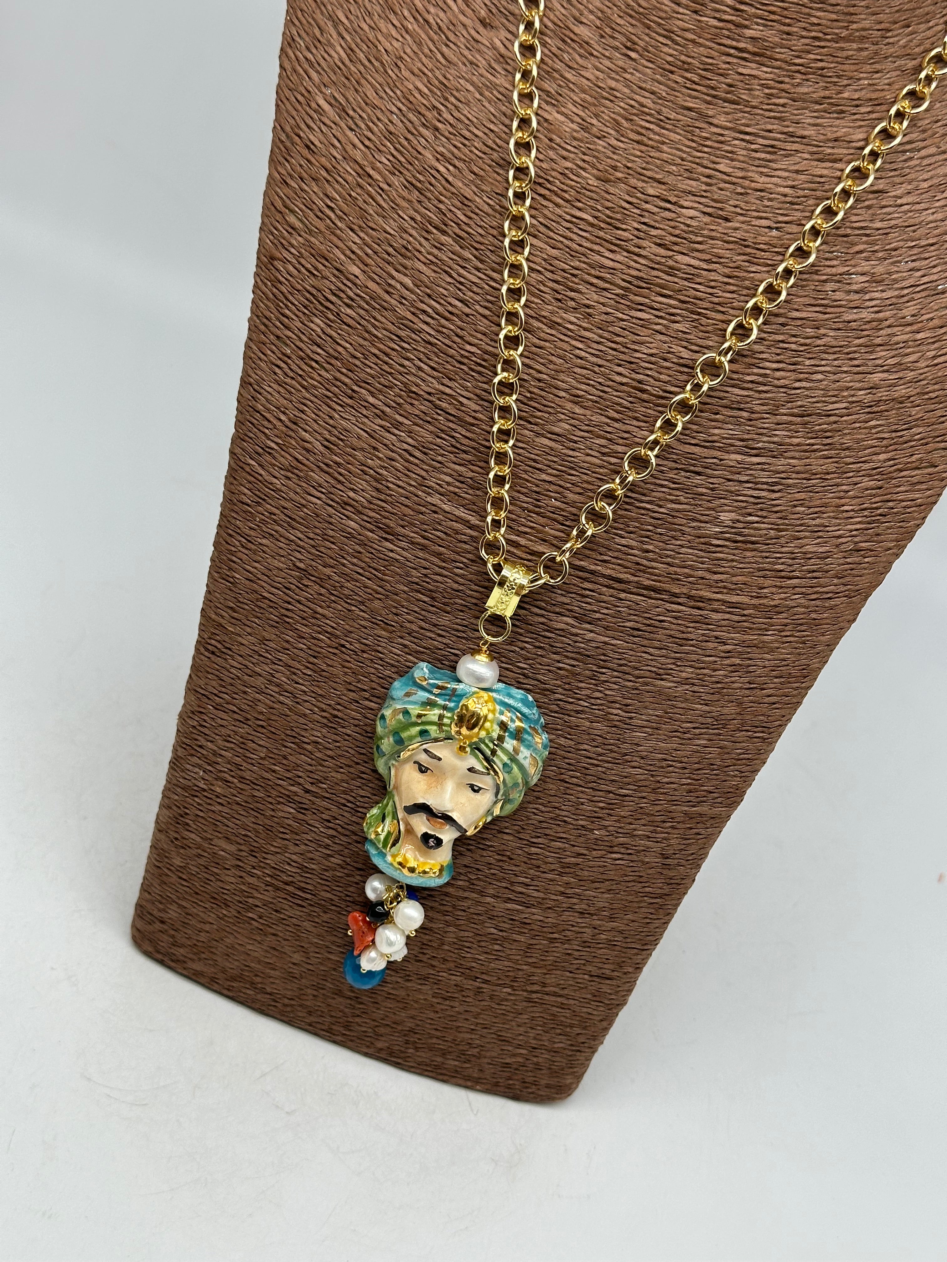 Collana Siciliana Testa di Moro Atena Ceramica di Caltagirone Turbante Verde - COLLANA