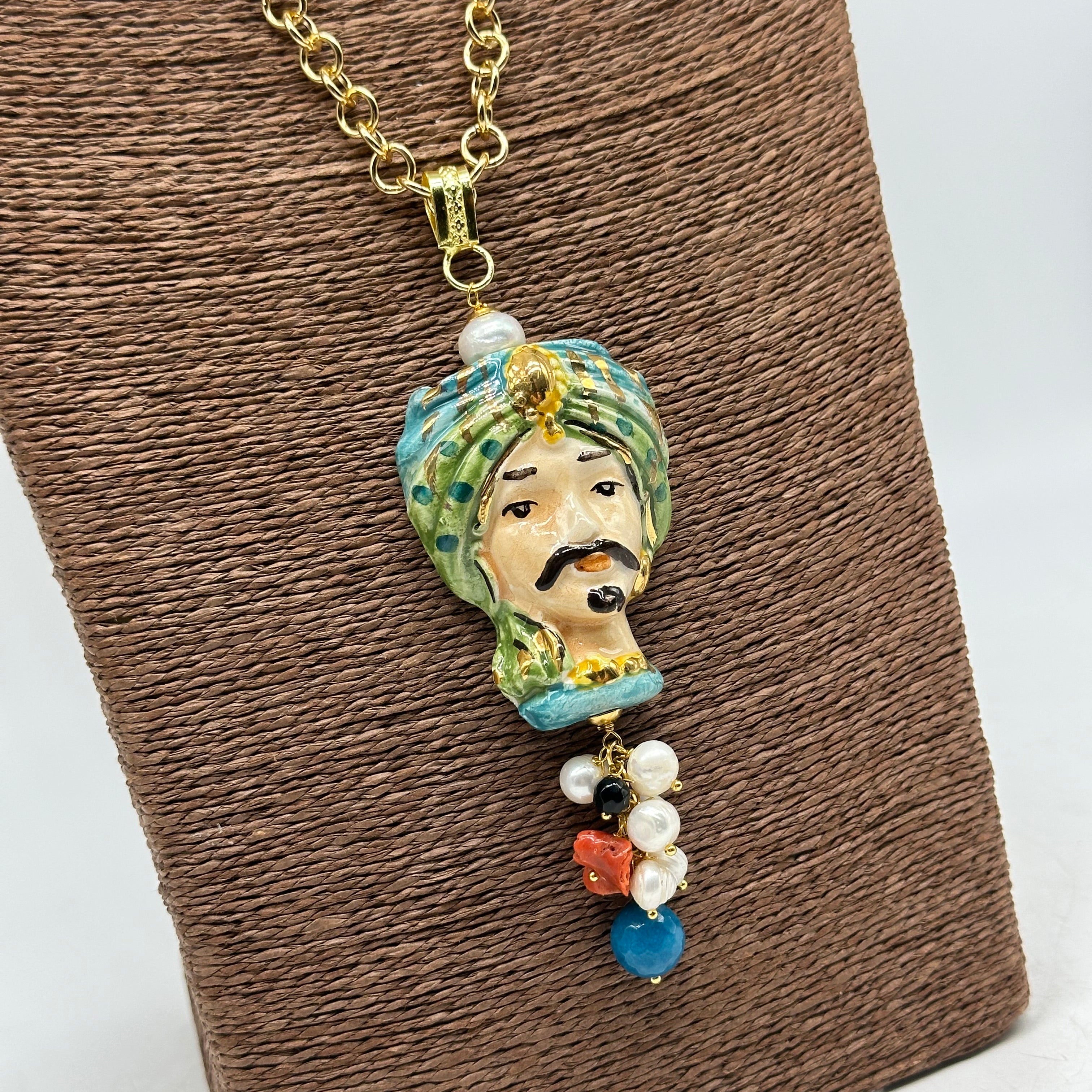 Collana Siciliana Testa di Moro Atena Ceramica di Caltagirone Turbante Verde - COLLANA