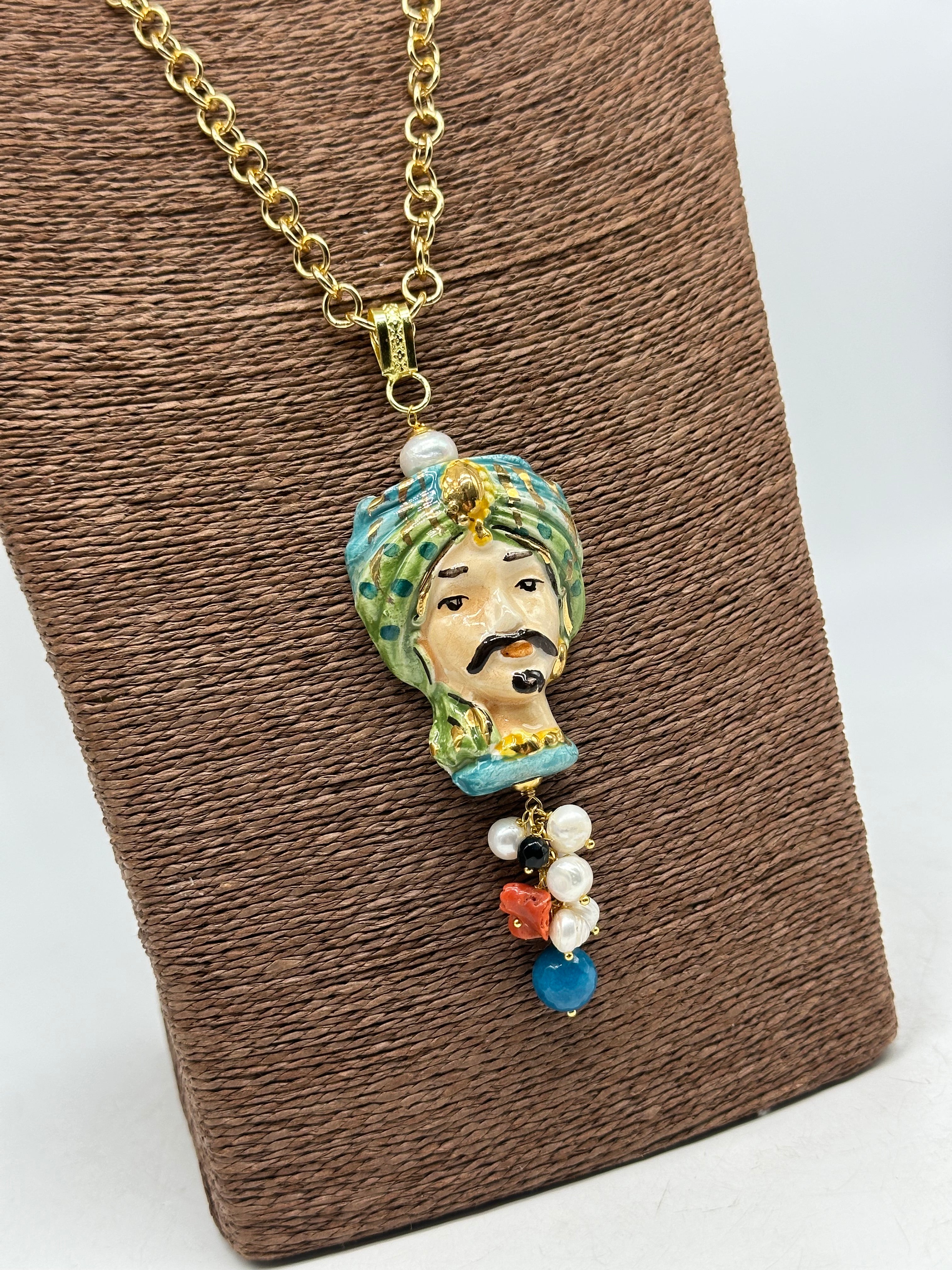 Collana Siciliana Testa di Moro Atena Ceramica di Caltagirone Turbante Verde - COLLANA