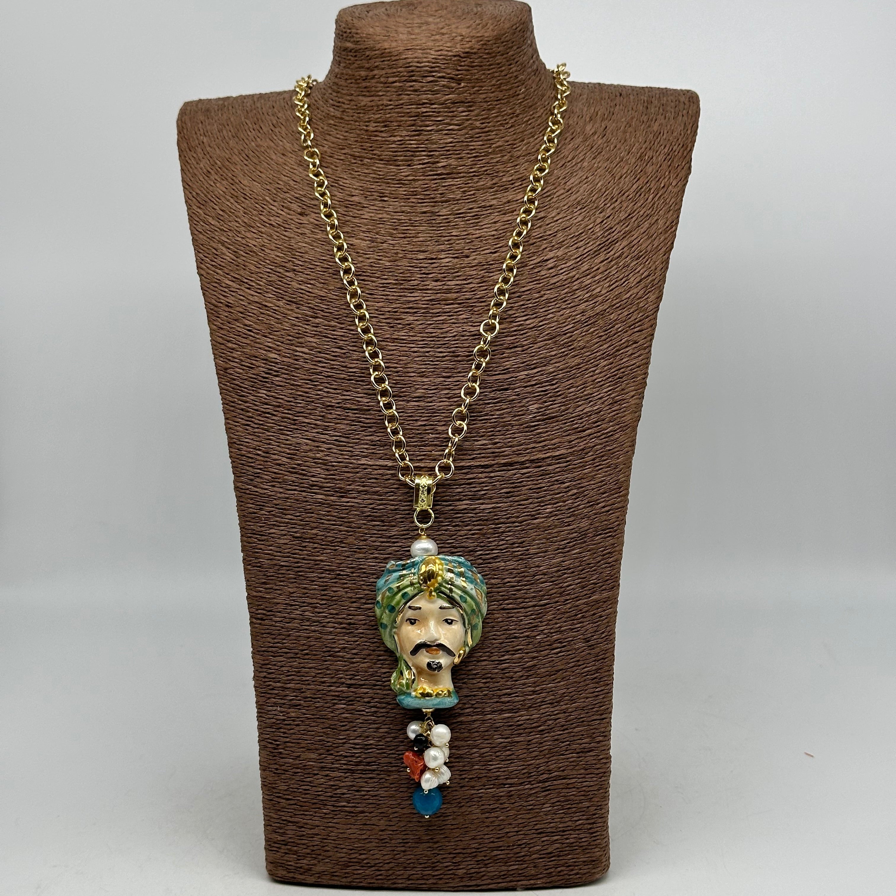 Collana Siciliana Testa di Moro Atena Ceramica di Caltagirone Turbante Verde - COLLANA