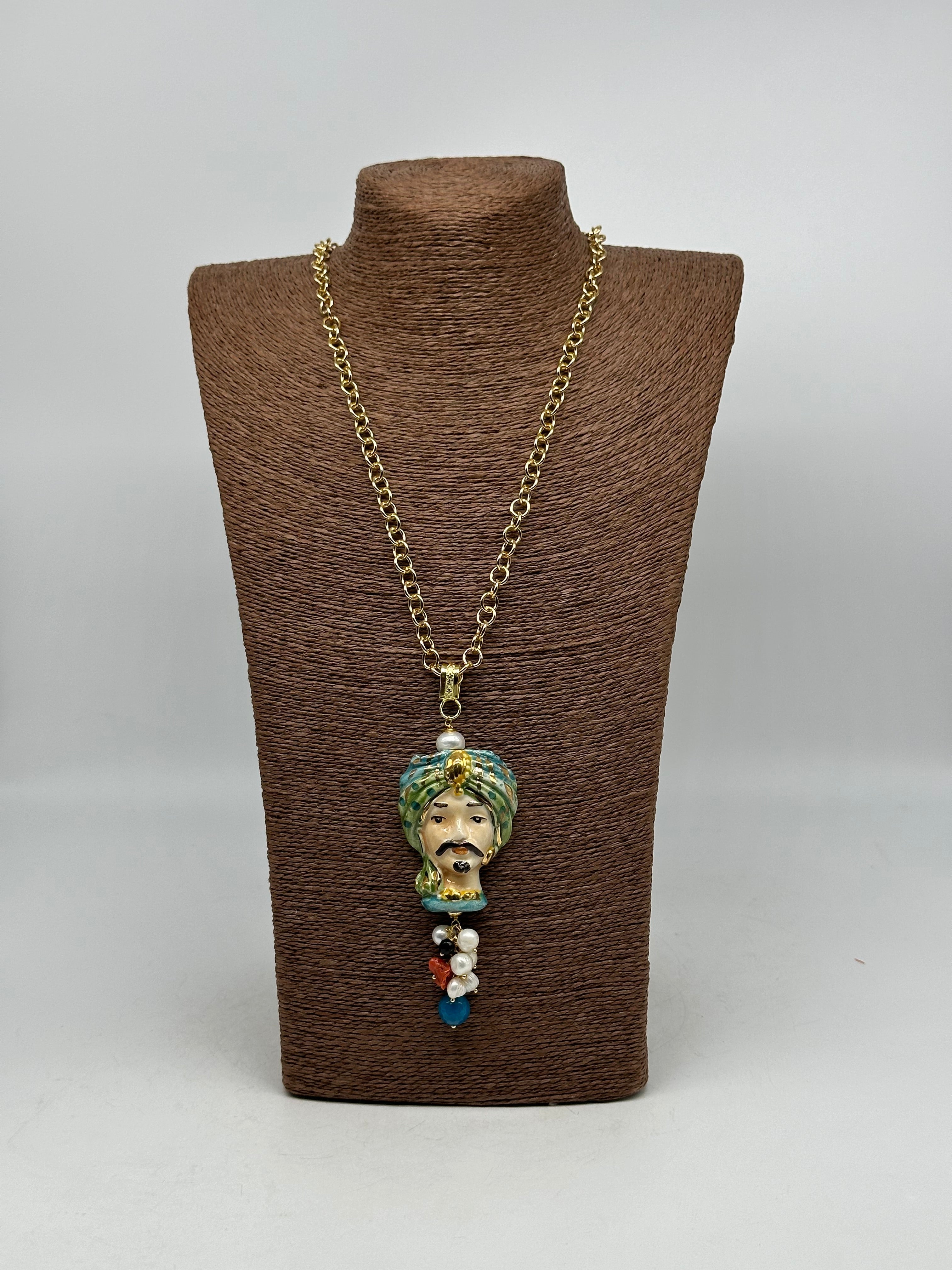 Collana Siciliana Testa di Moro Atena Ceramica di Caltagirone Turbante Verde - COLLANA