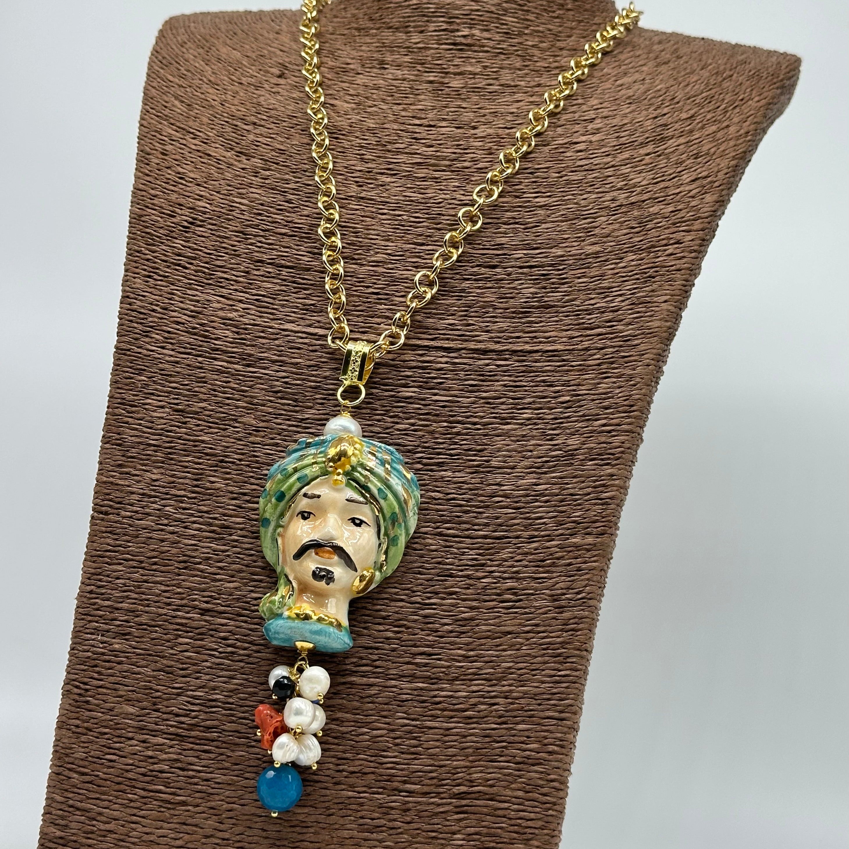 Collana Siciliana Testa di Moro Atena Ceramica di Caltagirone Turbante Verde - COLLANA