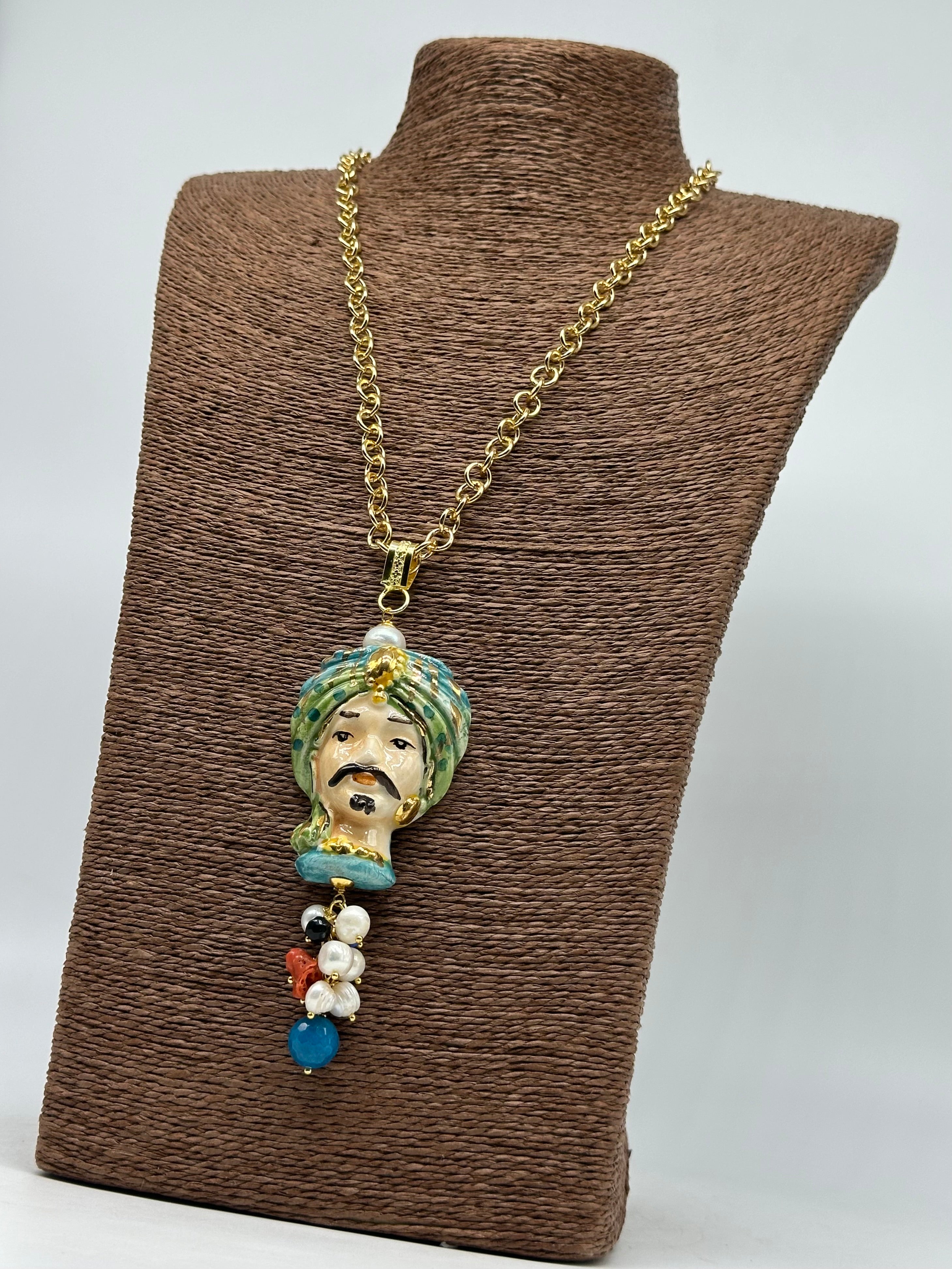 Collana Siciliana Testa di Moro Atena Ceramica di Caltagirone Turbante Verde - COLLANA