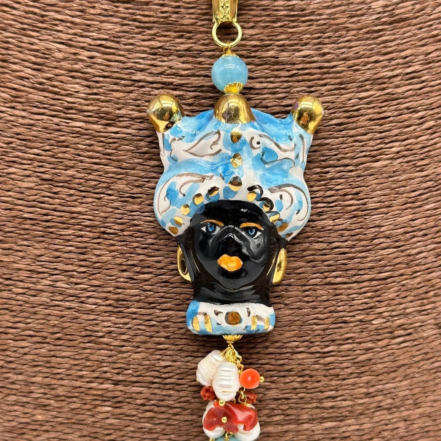 Collana Siciliana Testa di Moro Ceramica di Caltagirone Turbante Celeste Decorato Sfere Oro - COLLANA