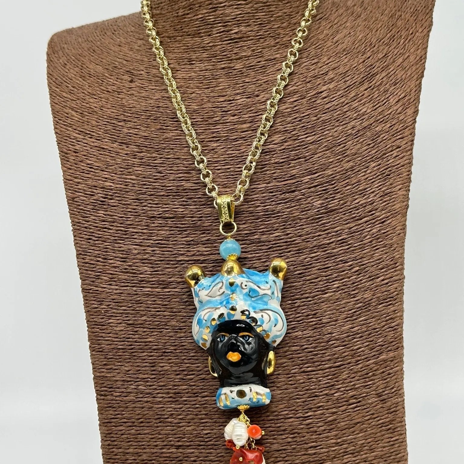 Collana Siciliana Testa di Moro Ceramica di Caltagirone Turbante Celeste Decorato Sfere Oro - COLLANA