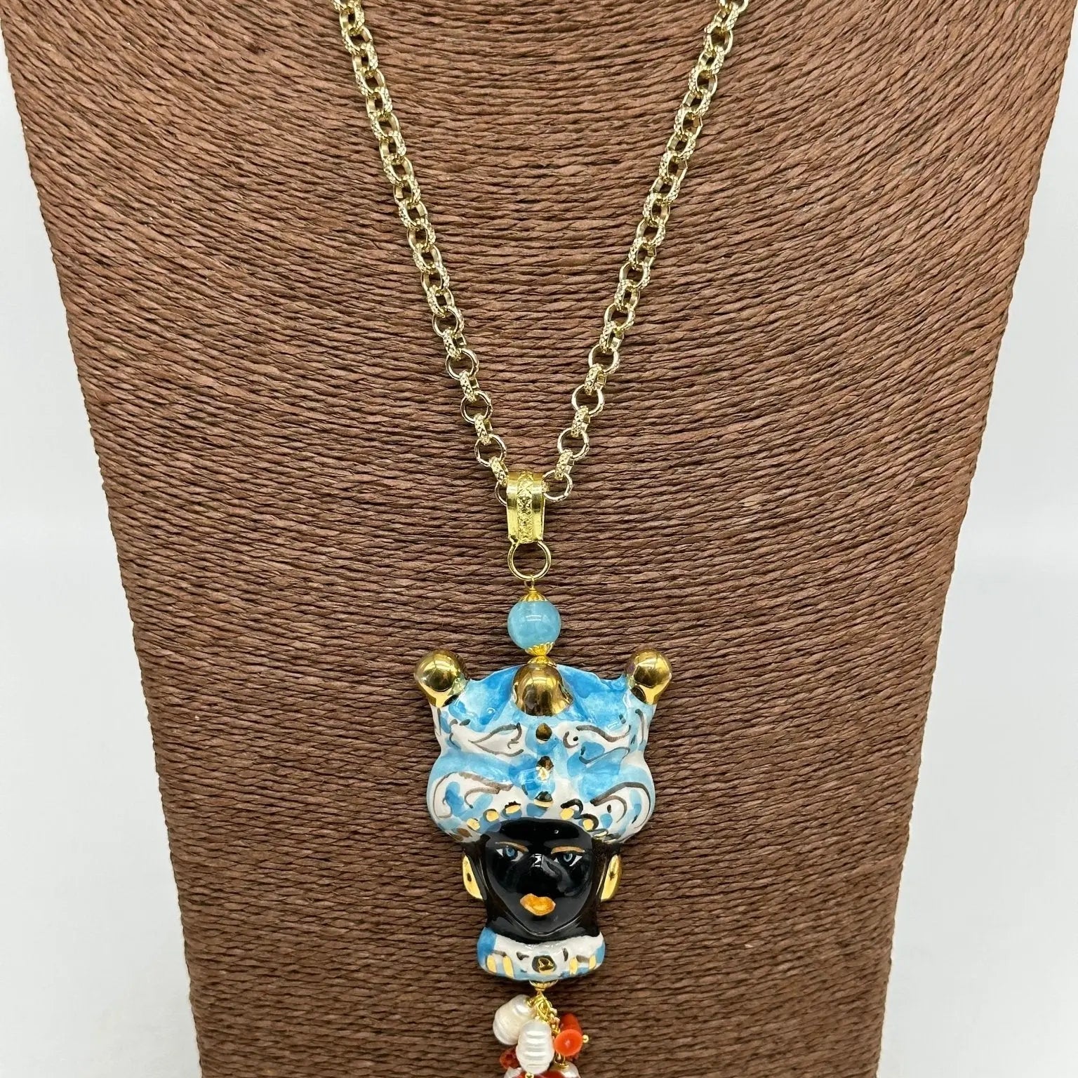 Collana Siciliana Testa di Moro Ceramica di Caltagirone Turbante Celeste Decorato Sfere Oro - COLLANA