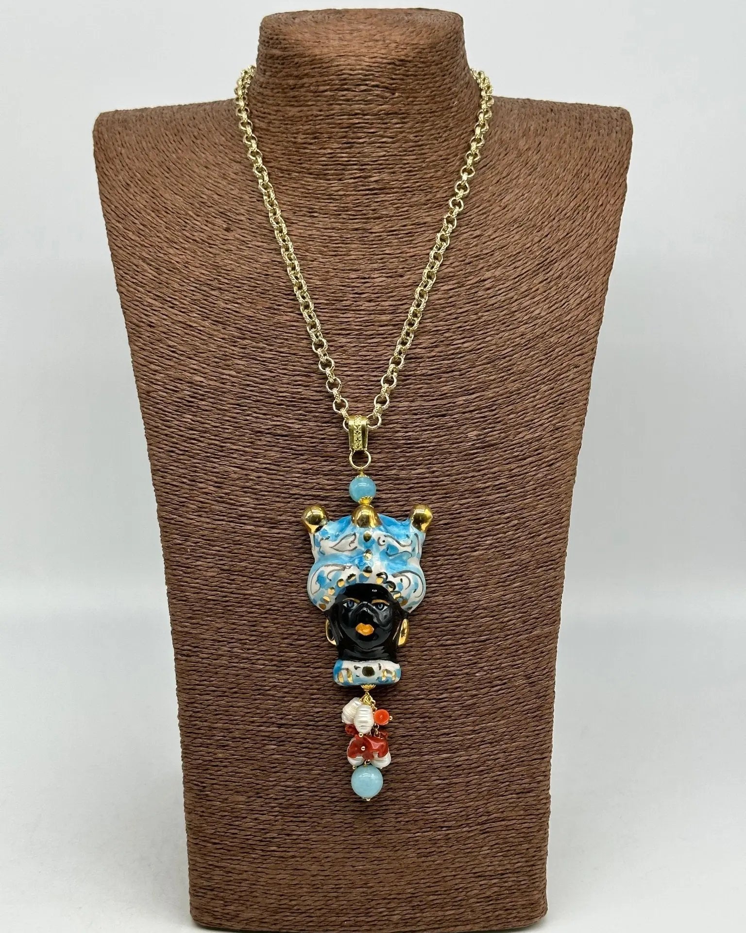 Collana Siciliana Testa di Moro Ceramica di Caltagirone Turbante Celeste Decorato Sfere Oro - COLLANA