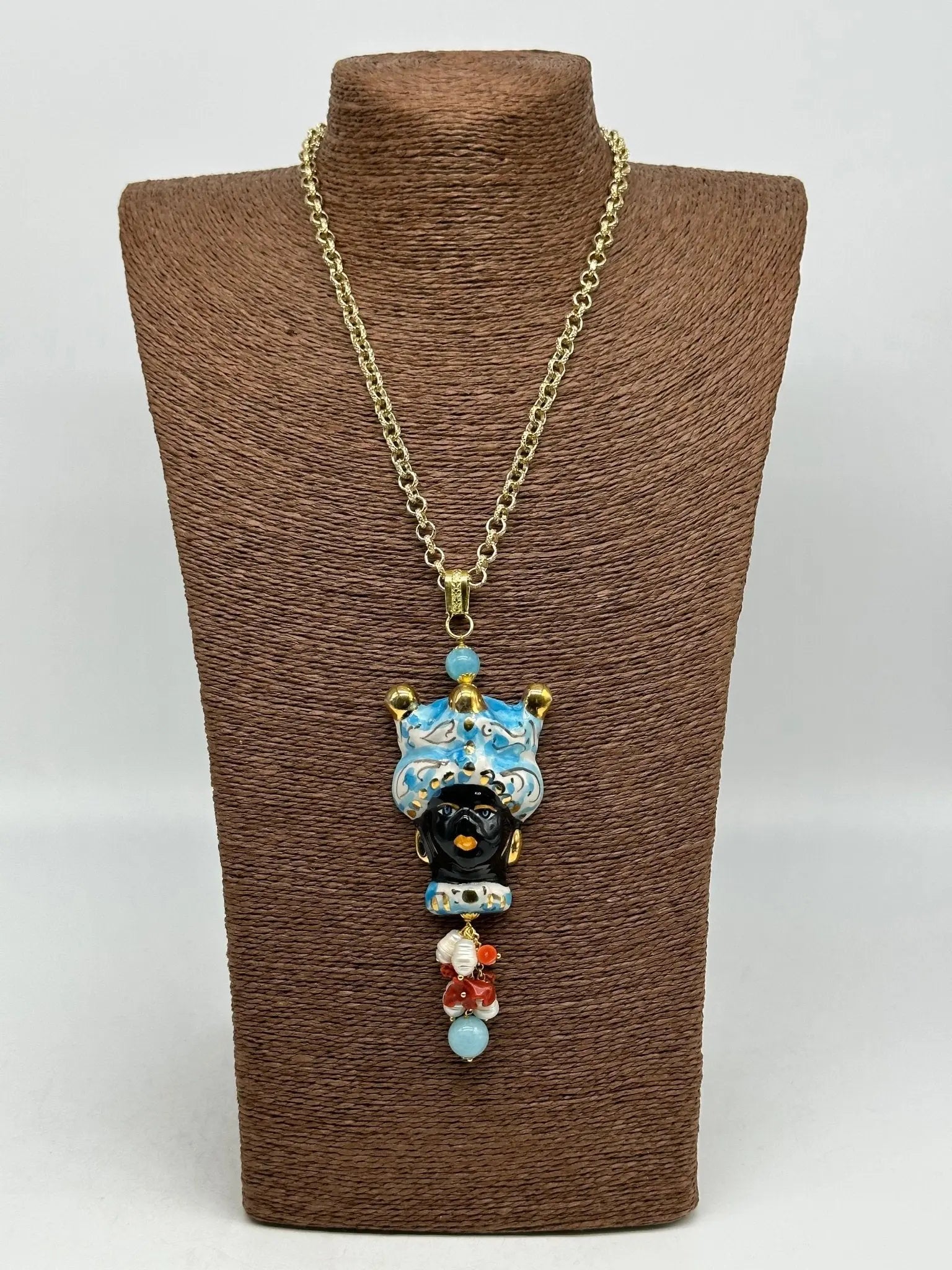 Collana Siciliana Testa di Moro Ceramica di Caltagirone Turbante Celeste Decorato Sfere Oro - COLLANA