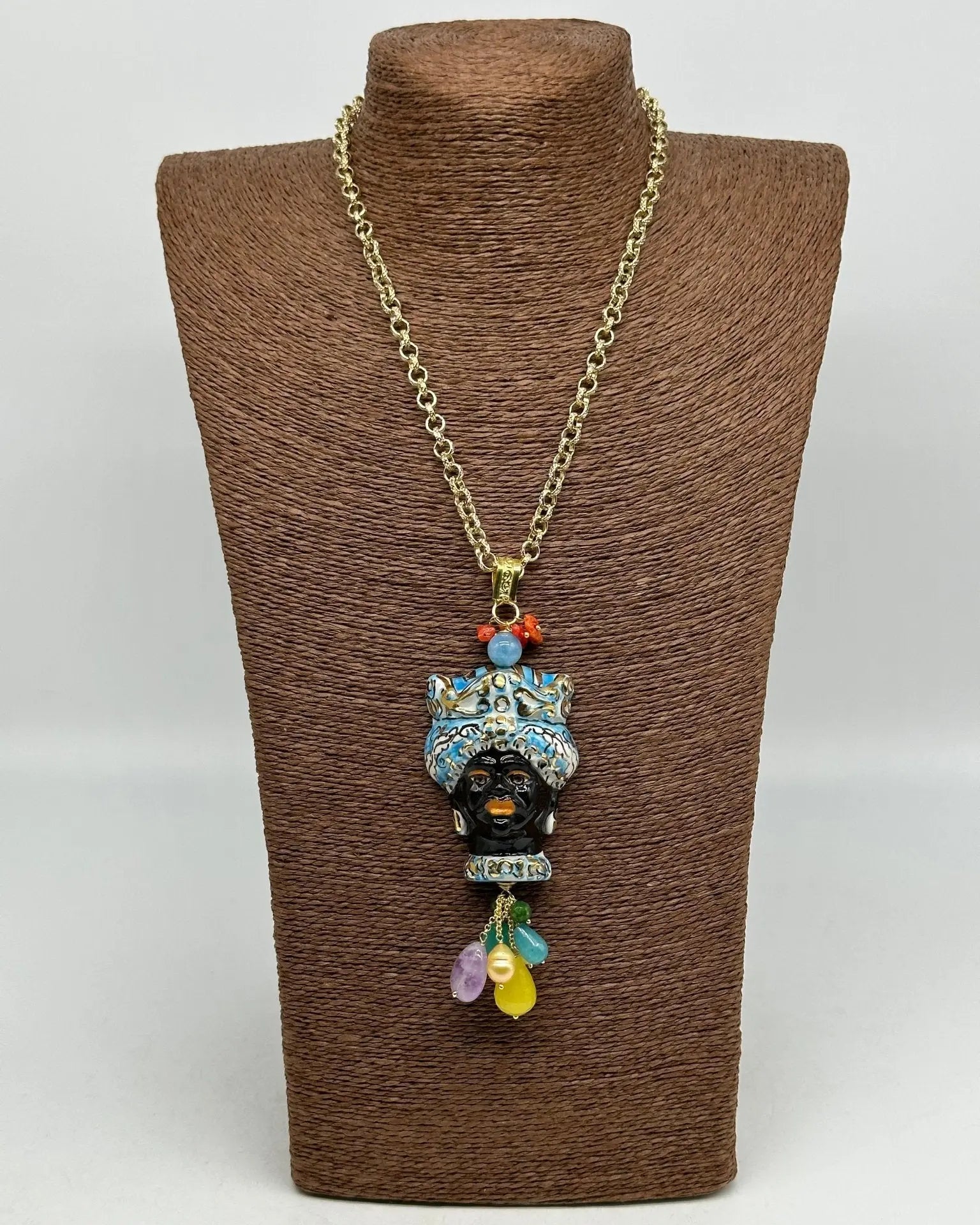 Collana Siciliana Testa di Moro Ceramica di Caltagirone Turbante Celeste Decorato dettagli Oro - COLLANA