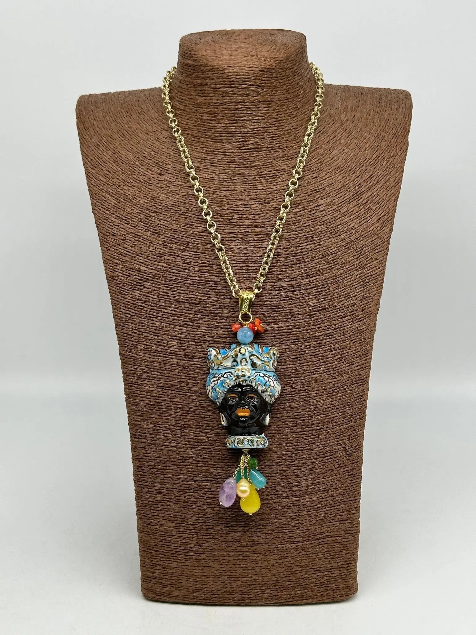 Collana Siciliana Testa di Moro Ceramica di Caltagirone Turbante Celeste Decorato dettagli Oro - COLLANA