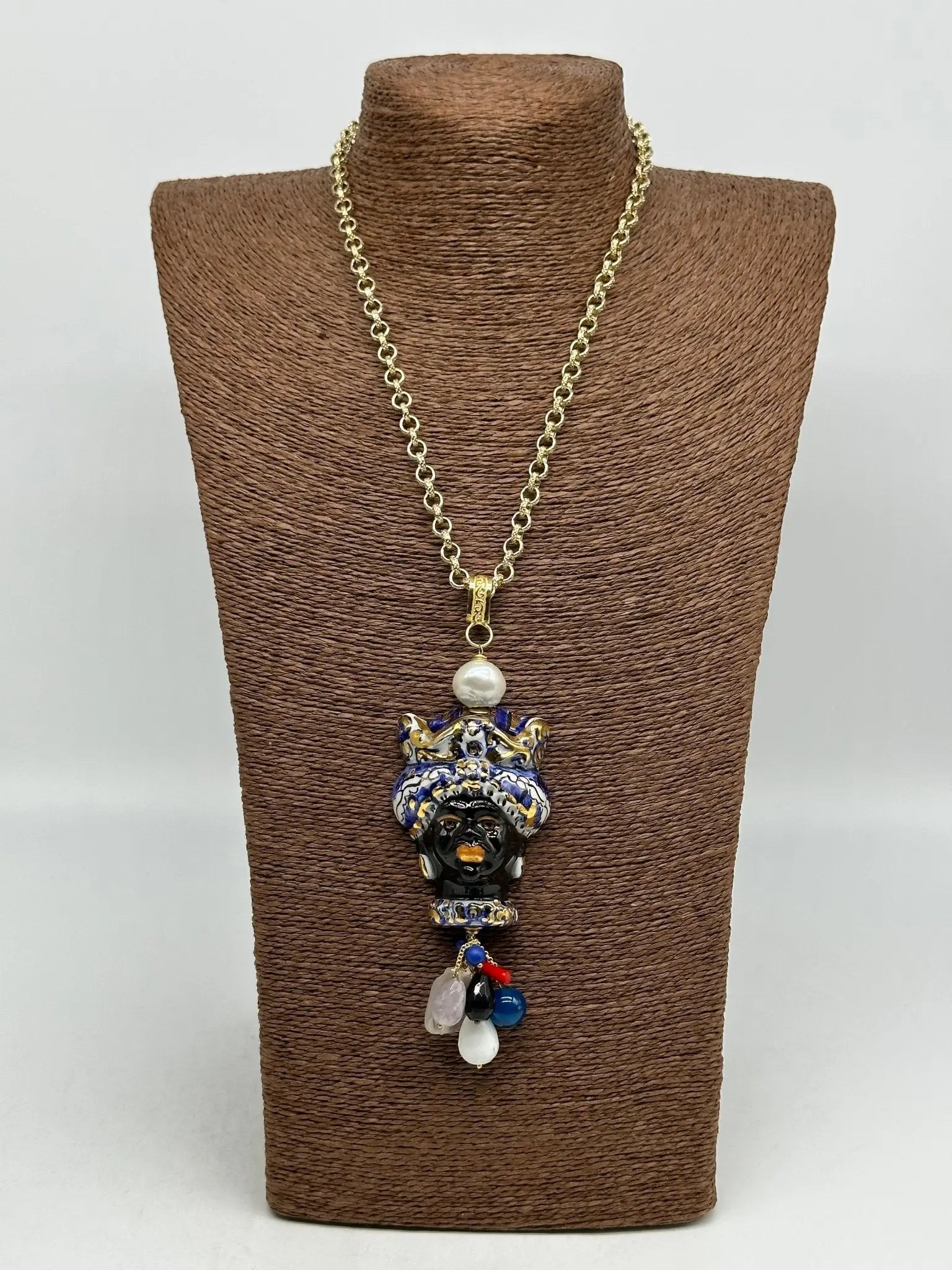 Collana Siciliana Testa di Moro Ceramica di Caltagirone Turbante Blu Decorato dettagli Oro - COLLANA