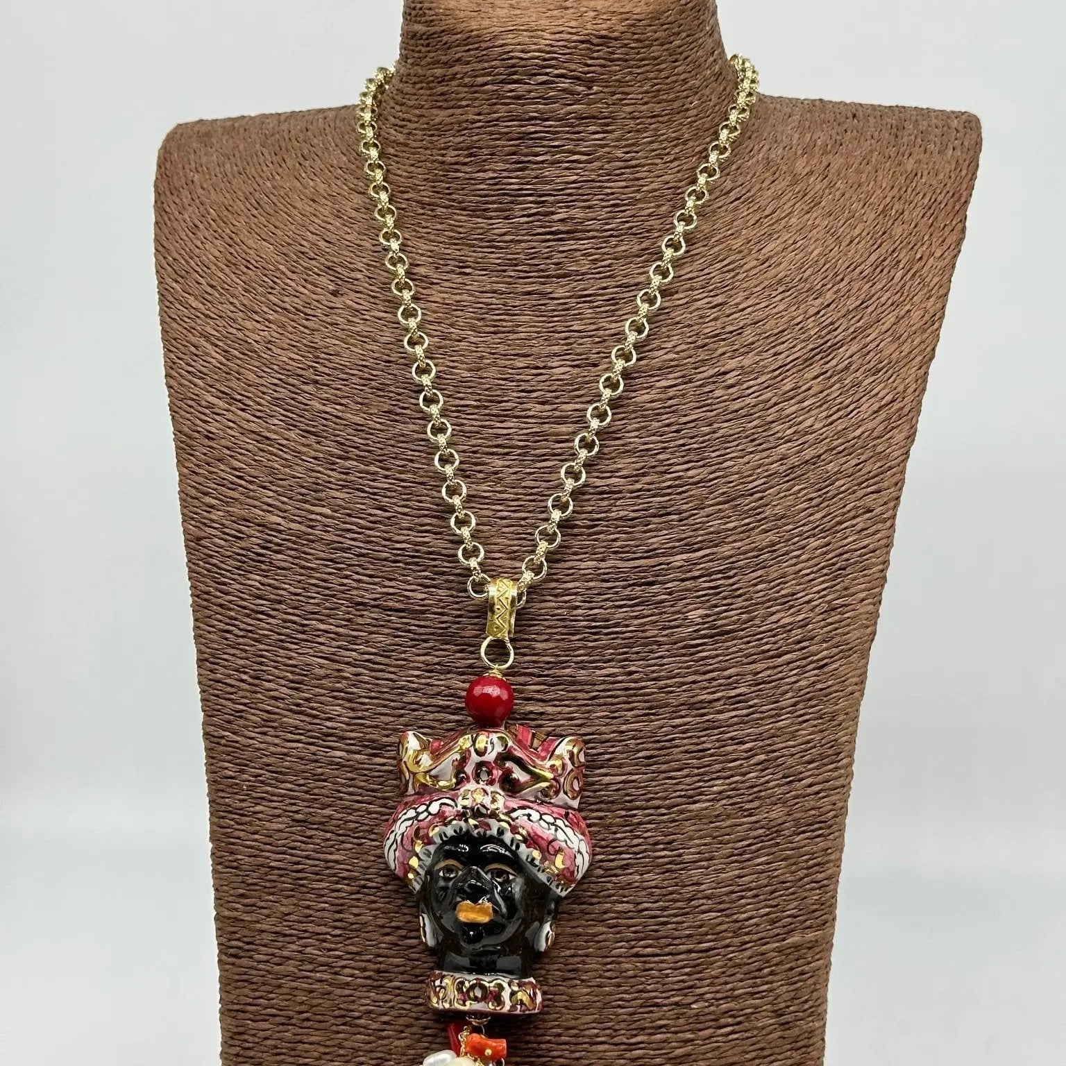 Collana Siciliana Testa di Moro Ceramica di Caltagirone Turbante Bordeaux Decorato dettagli Oro - COLLANA