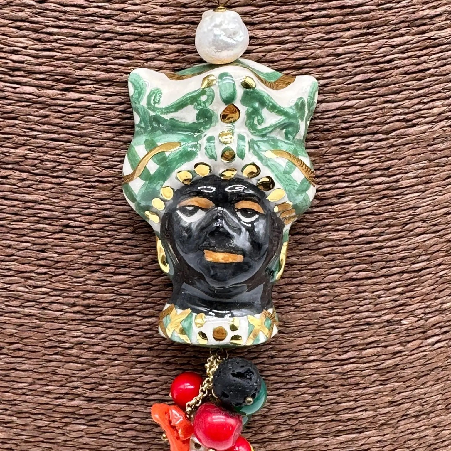 Collana Siciliana Testa di Moro Ceramica di Caltagirone Turbante Verde Decorato dettagli Oro - COLLANA