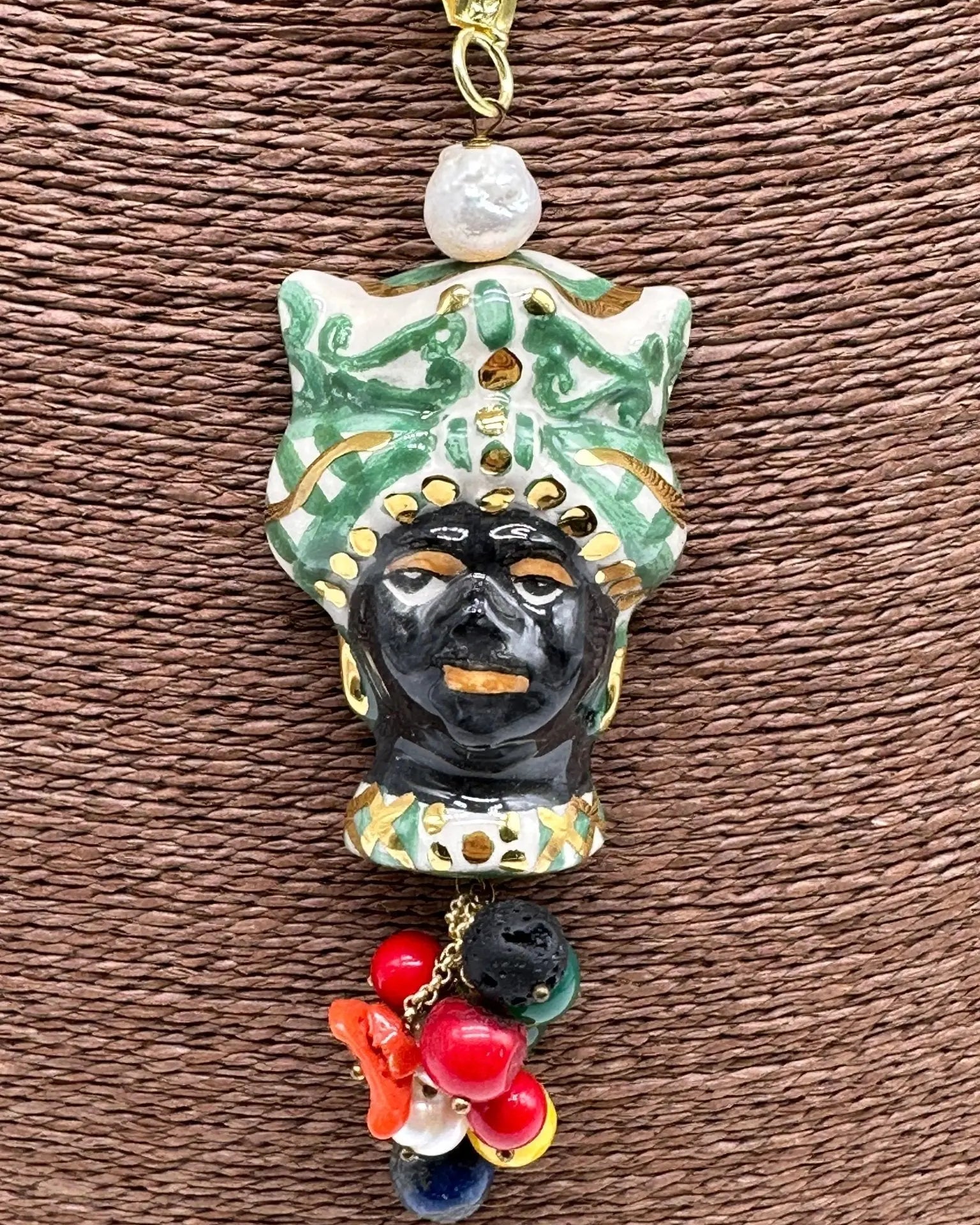Collana Siciliana Testa di Moro Ceramica di Caltagirone Turbante Verde Decorato dettagli Oro - COLLANA