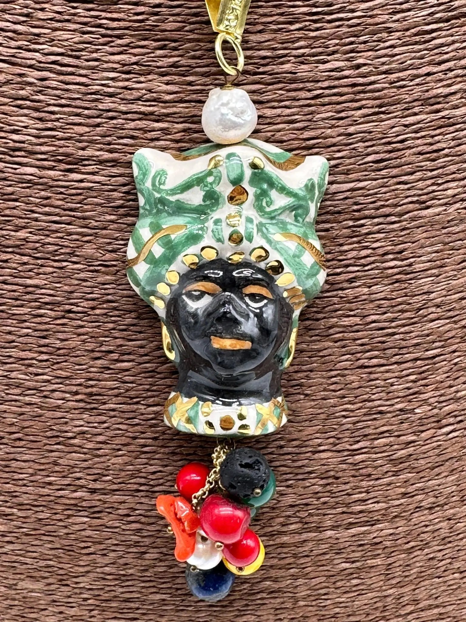 Collana Siciliana Testa di Moro Ceramica di Caltagirone Turbante Verde Decorato dettagli Oro - COLLANA