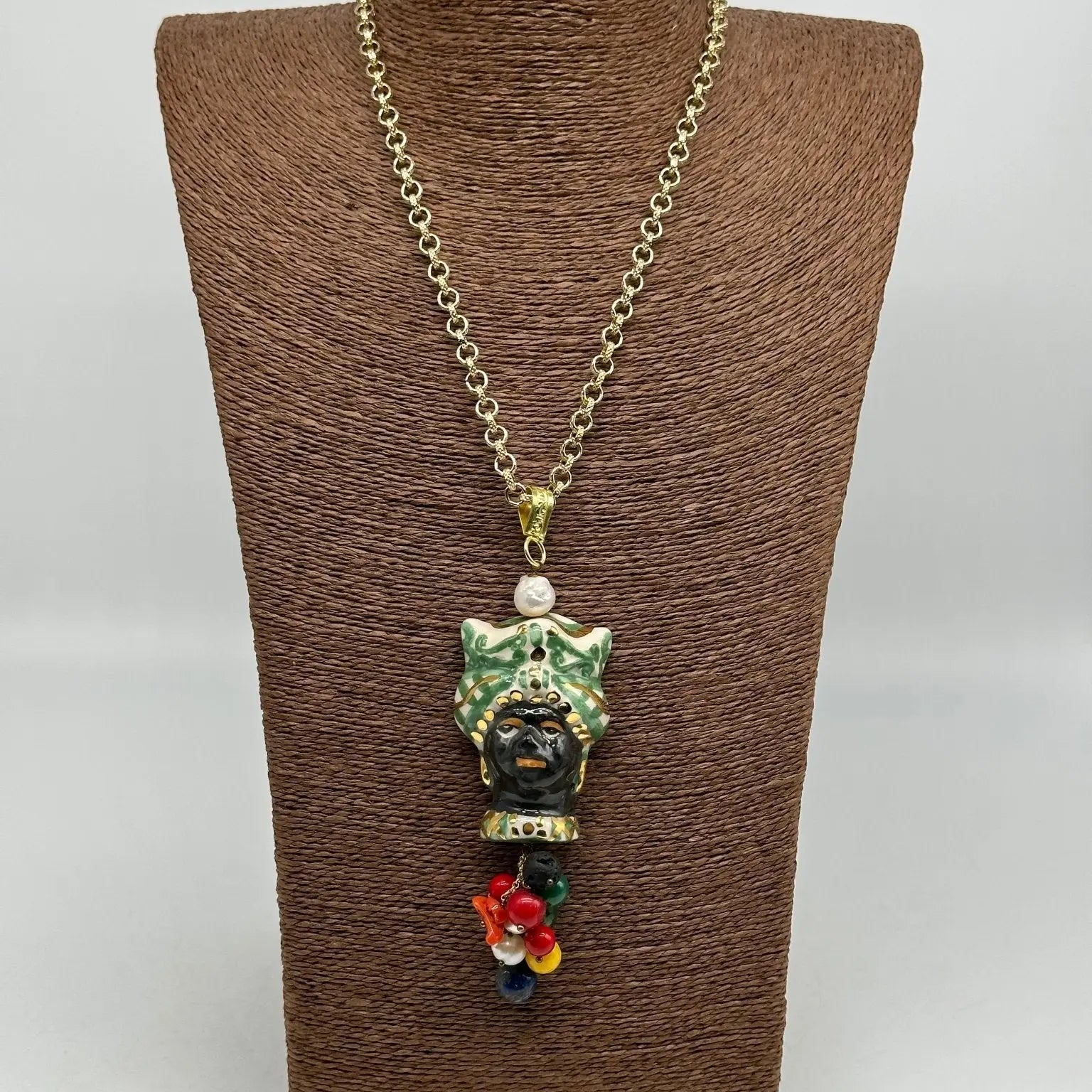 Collana Siciliana Testa di Moro Ceramica di Caltagirone Turbante Verde Decorato dettagli Oro - COLLANA