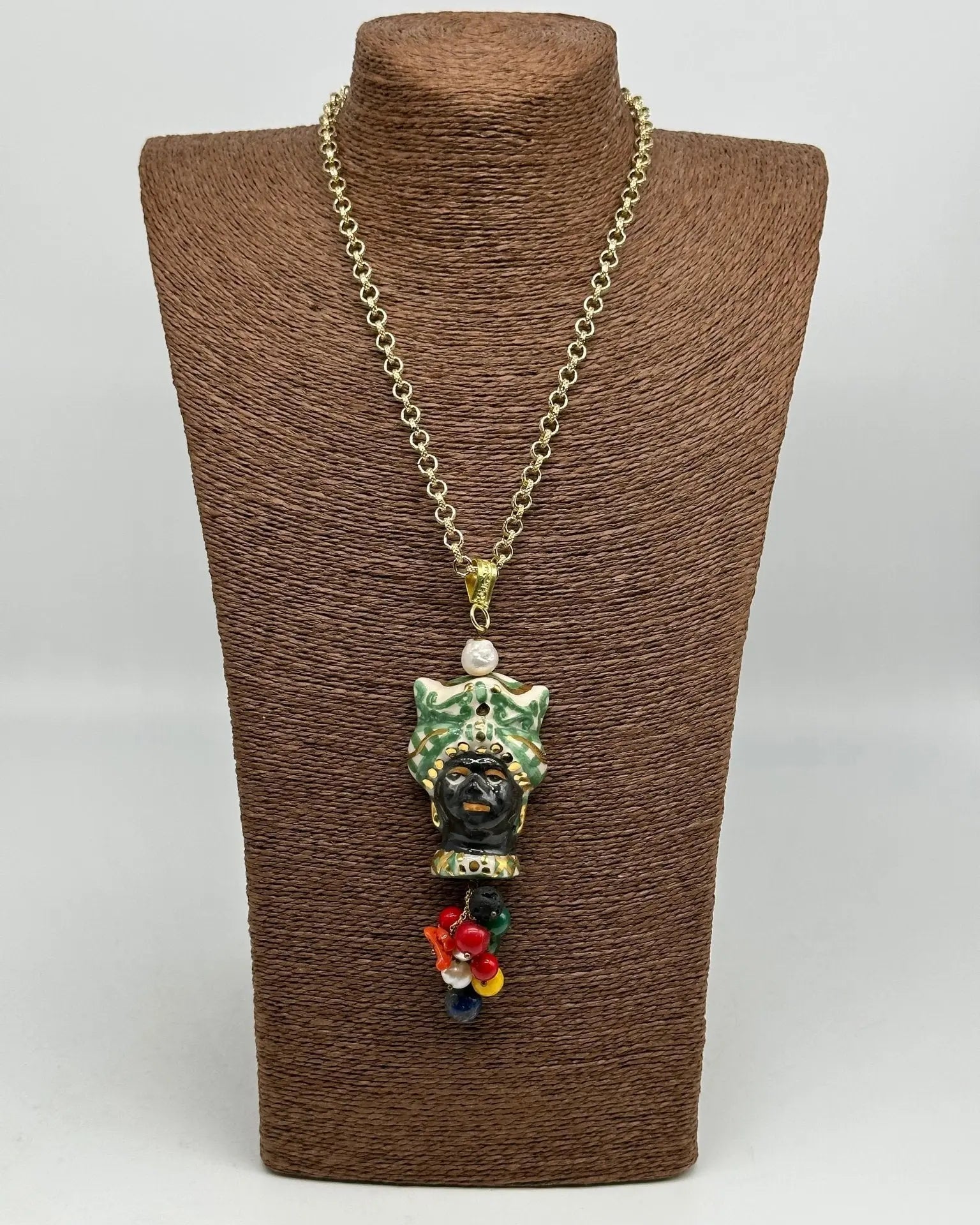 Collana Siciliana Testa di Moro Ceramica di Caltagirone Turbante Verde Decorato dettagli Oro - COLLANA