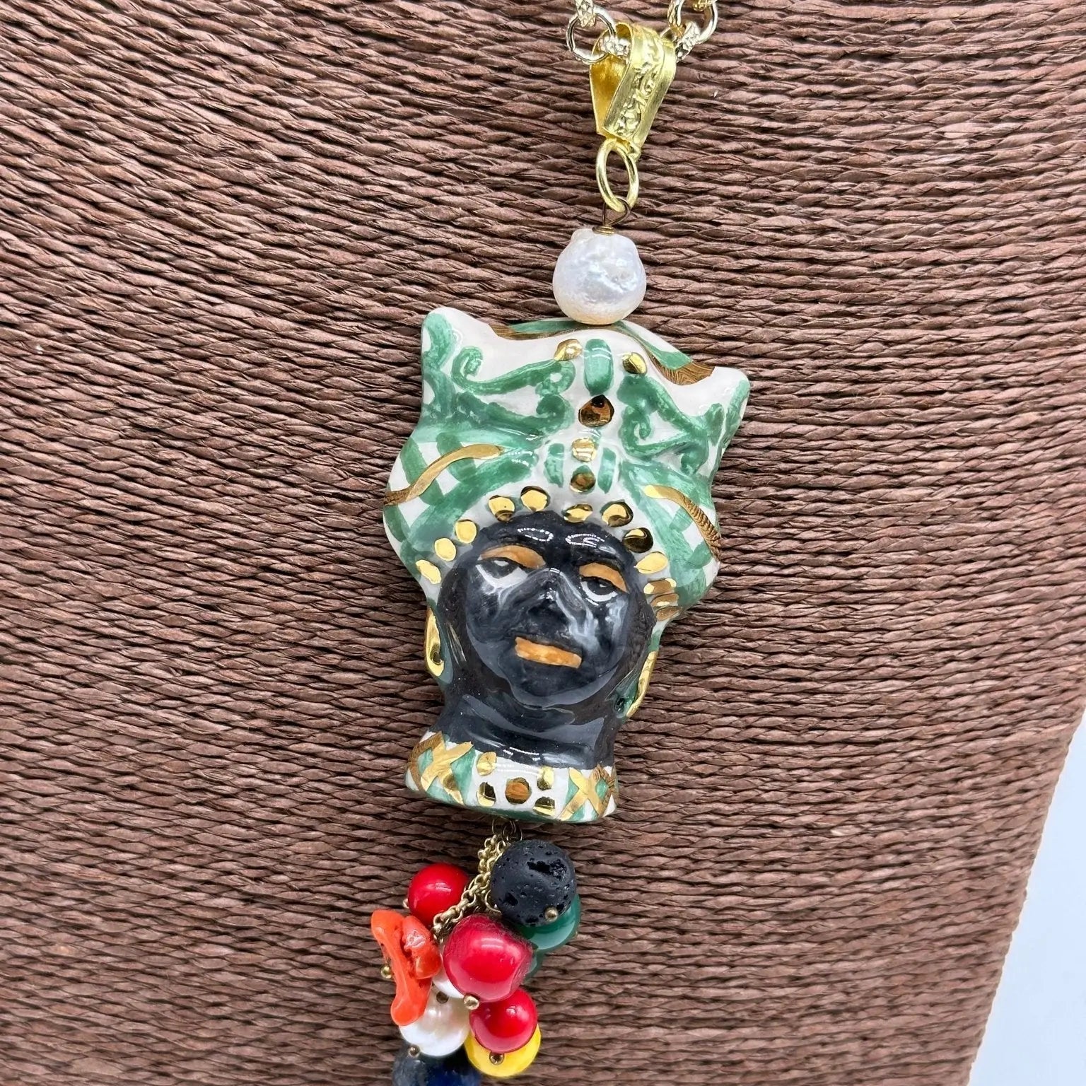 Collana Siciliana Testa di Moro Ceramica di Caltagirone Turbante Verde Decorato dettagli Oro - COLLANA