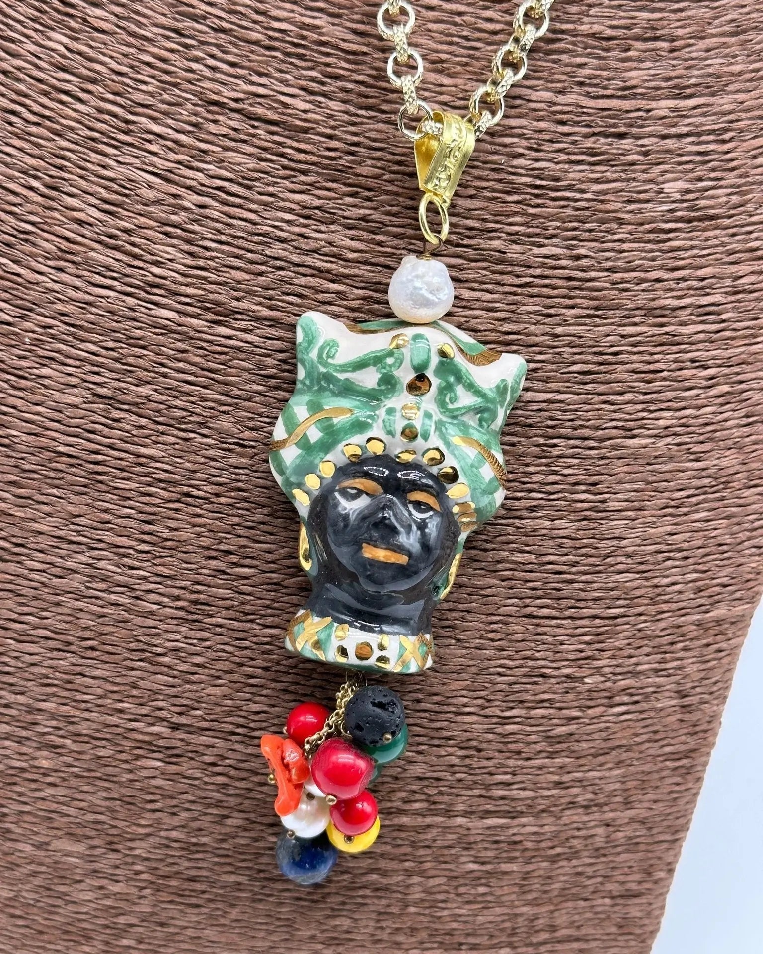 Collana Siciliana Testa di Moro Ceramica di Caltagirone Turbante Verde Decorato dettagli Oro - COLLANA