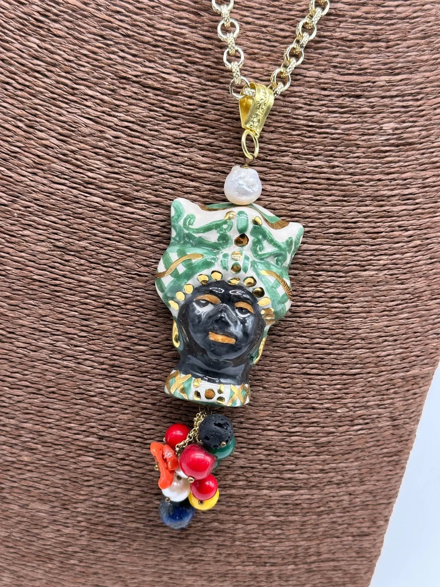 Collana Siciliana Testa di Moro Ceramica di Caltagirone Turbante Verde Decorato dettagli Oro - COLLANA