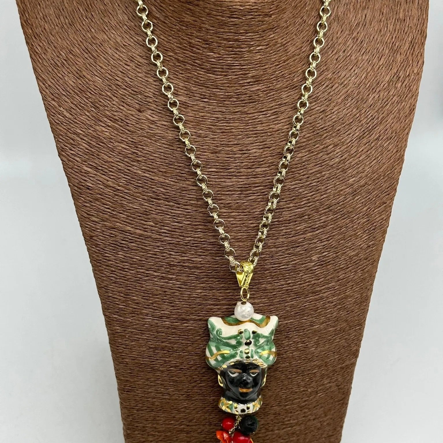 Collana Siciliana Testa di Moro Ceramica di Caltagirone Turbante Verde Decorato dettagli Oro - COLLANA