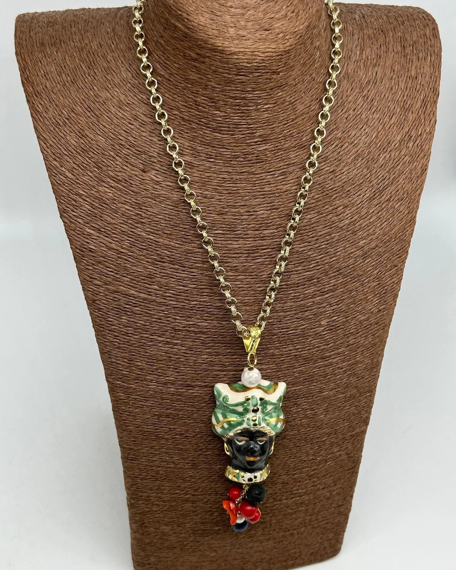 Collana Siciliana Testa di Moro Ceramica di Caltagirone Turbante Verde Decorato dettagli Oro - COLLANA