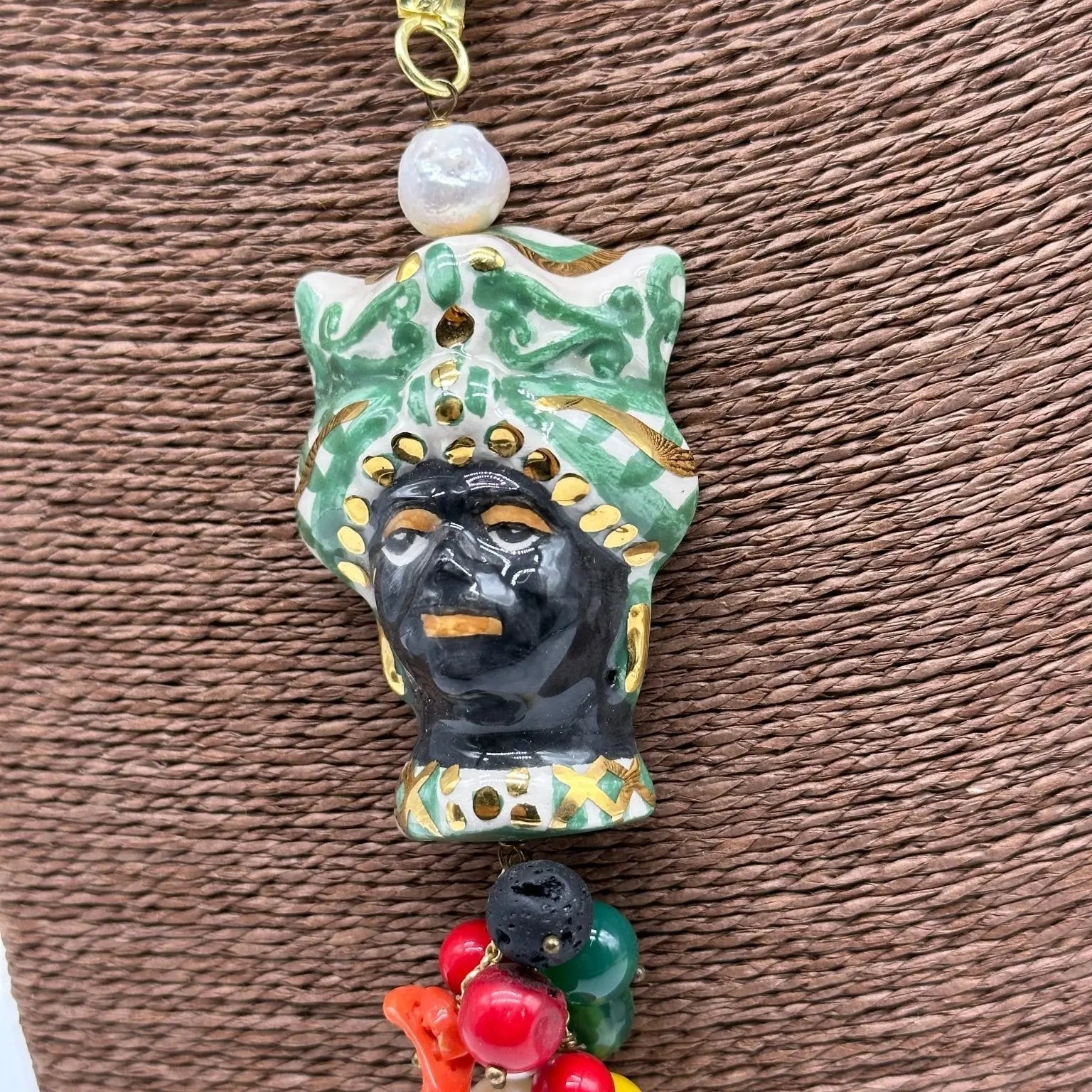 Collana Siciliana Testa di Moro Ceramica di Caltagirone Turbante Verde Decorato dettagli Oro - COLLANA