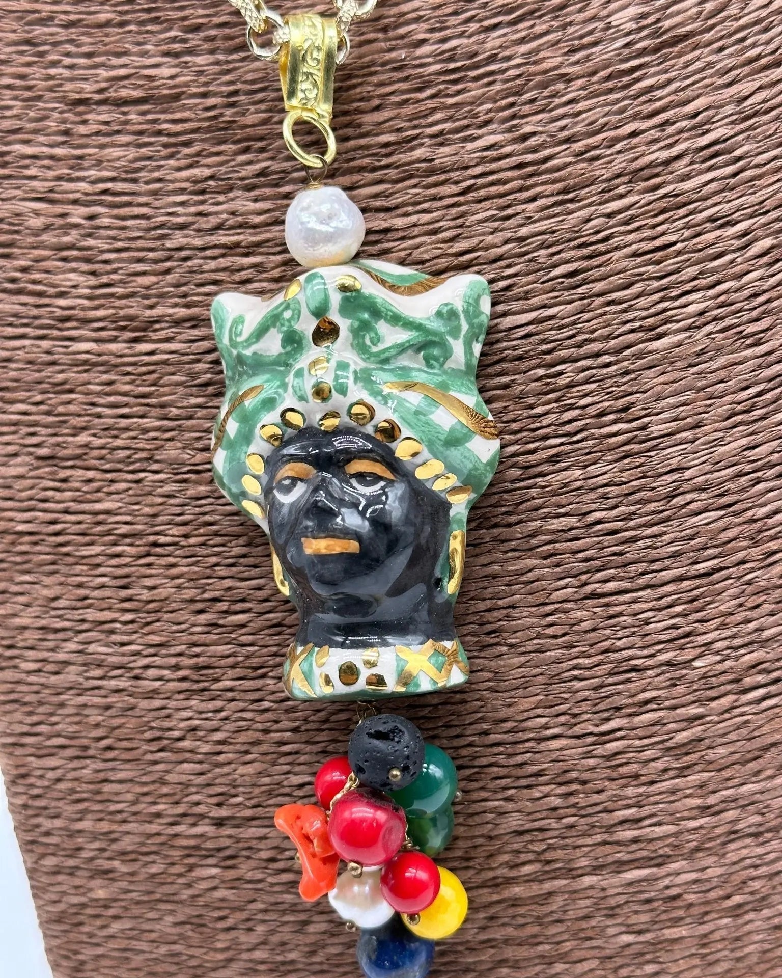 Collana Siciliana Testa di Moro Ceramica di Caltagirone Turbante Verde Decorato dettagli Oro - COLLANA