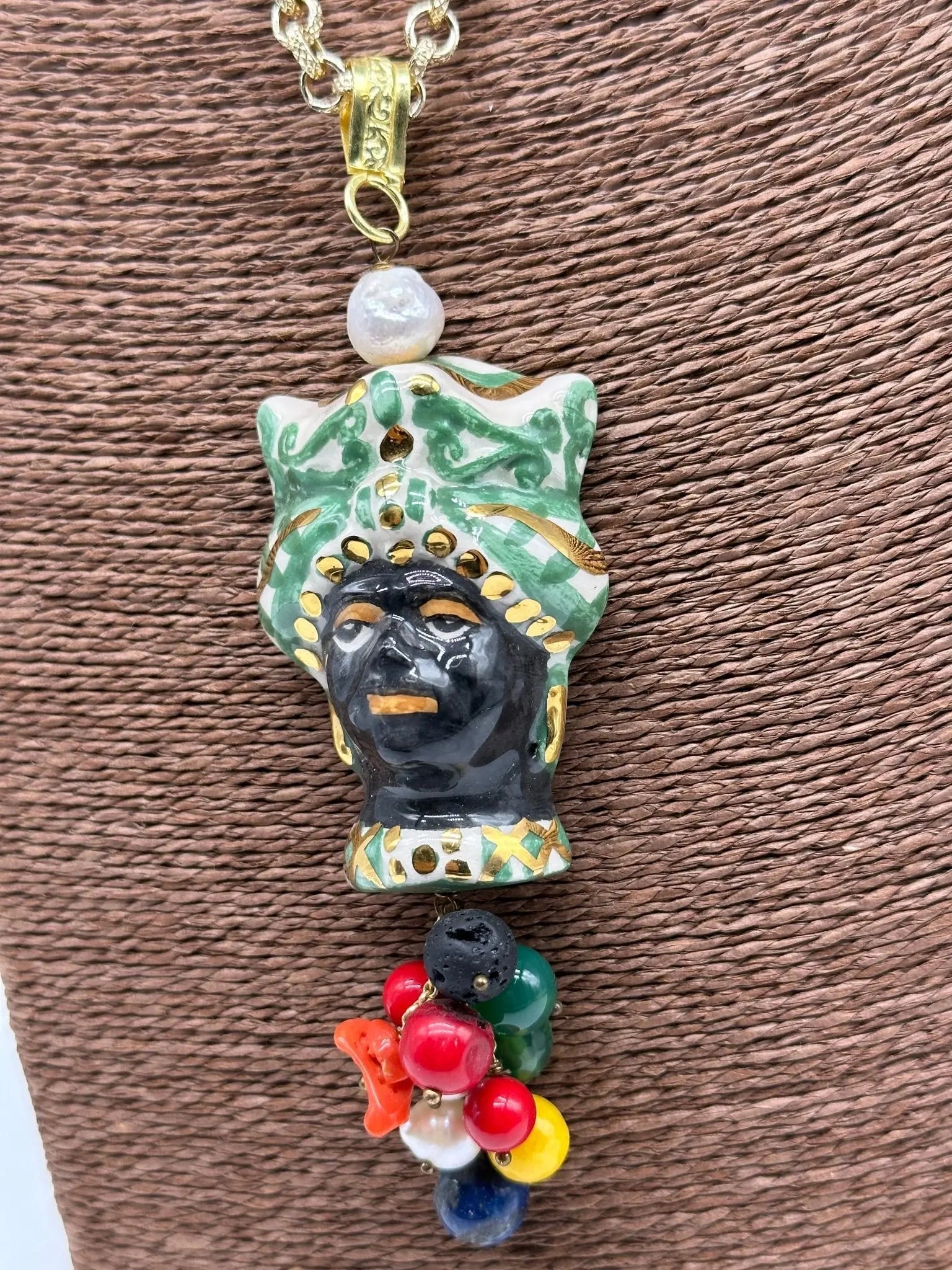 Collana Siciliana Testa di Moro Ceramica di Caltagirone Turbante Verde Decorato dettagli Oro - COLLANA