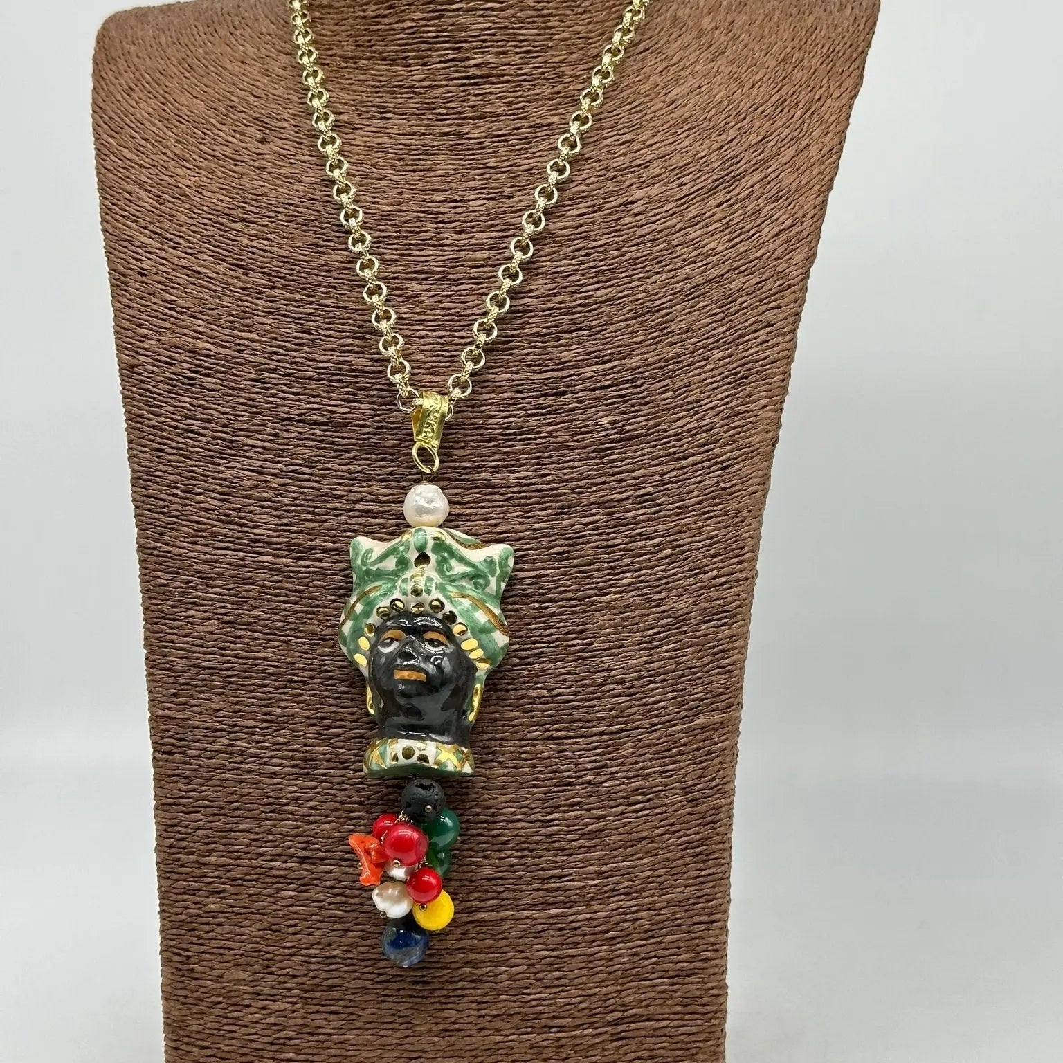 Collana Siciliana Testa di Moro Ceramica di Caltagirone Turbante Verde Decorato dettagli Oro - COLLANA