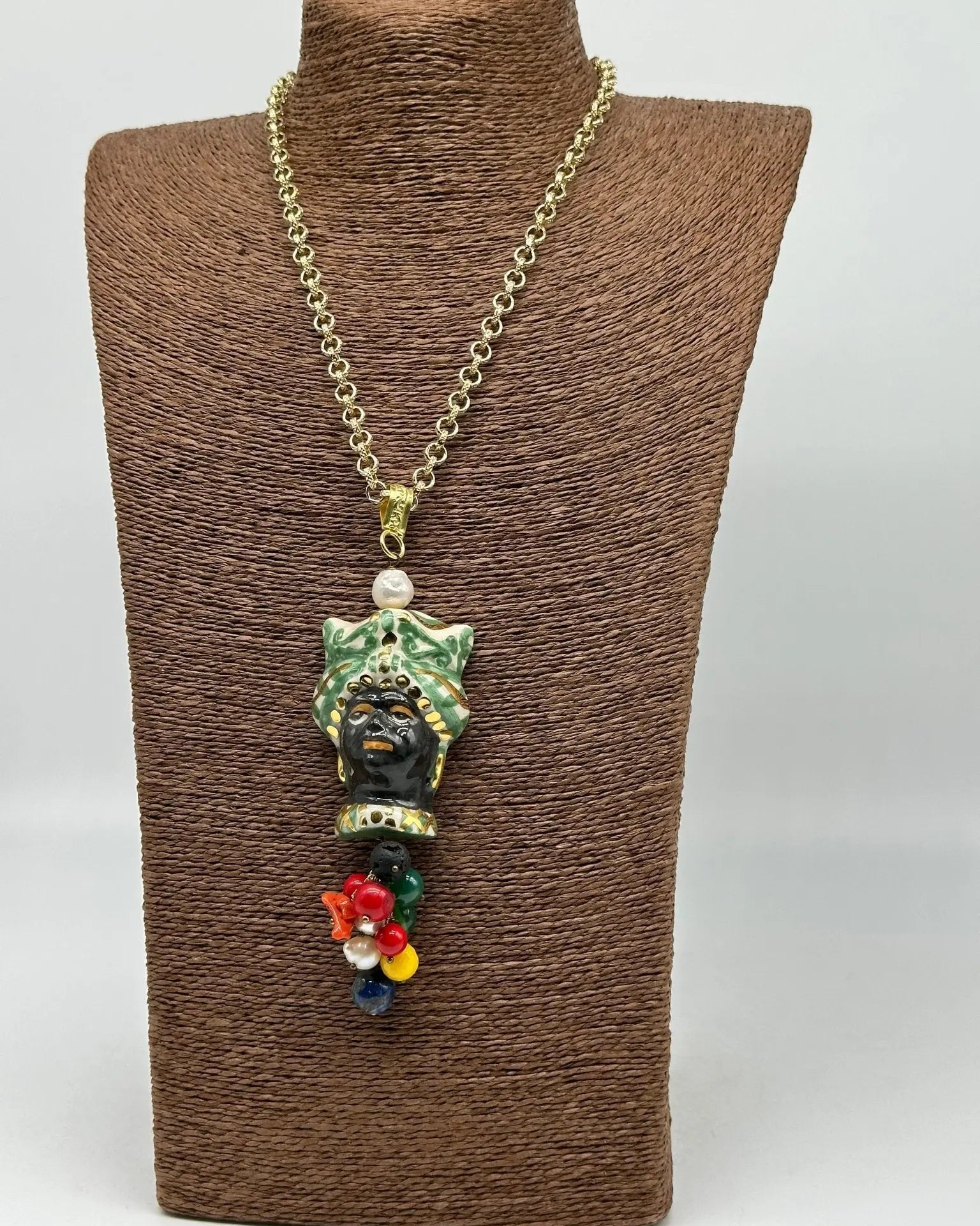 Collana Siciliana Testa di Moro Ceramica di Caltagirone Turbante Verde Decorato dettagli Oro - COLLANA