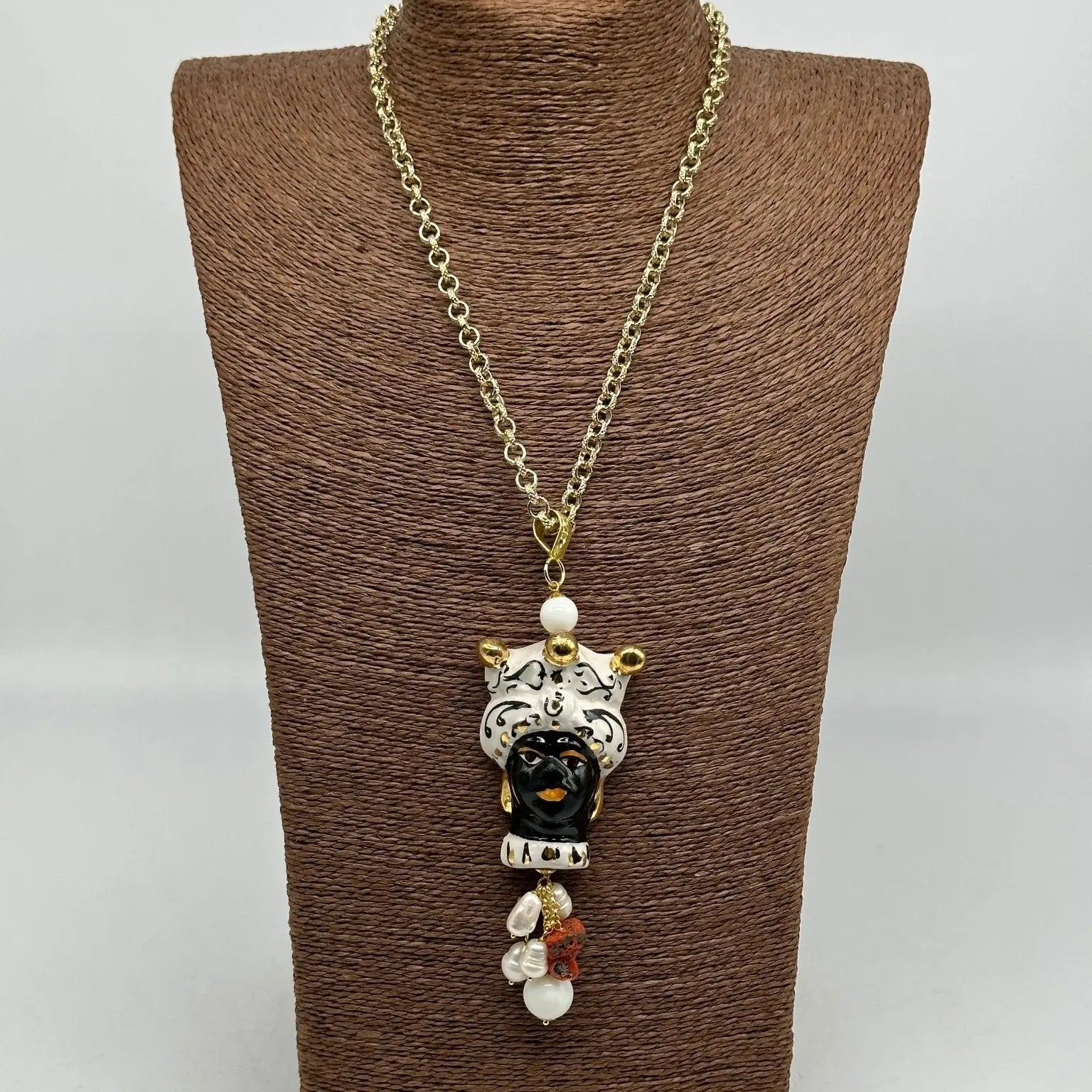Collana Siciliana Testa di Moro Ceramica di Caltagirone Turbante Bianco Decorato Sfere Oro - COLLANA