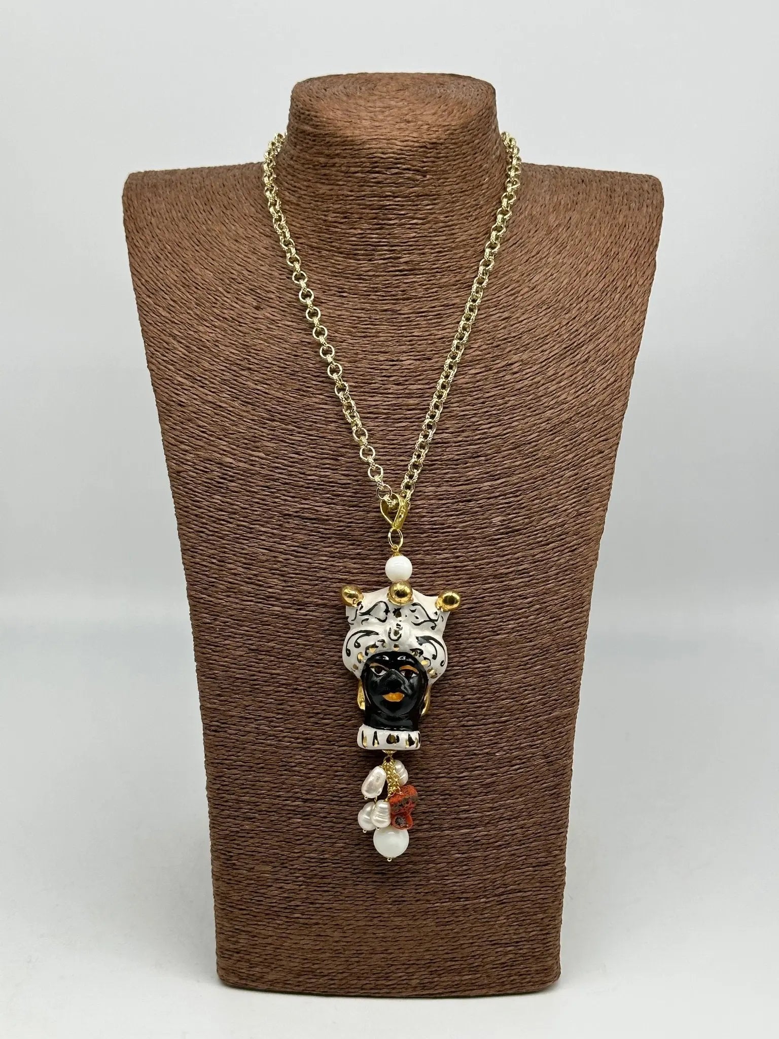 Collana Siciliana Testa di Moro Ceramica di Caltagirone Turbante Bianco Decorato Sfere Oro - COLLANA