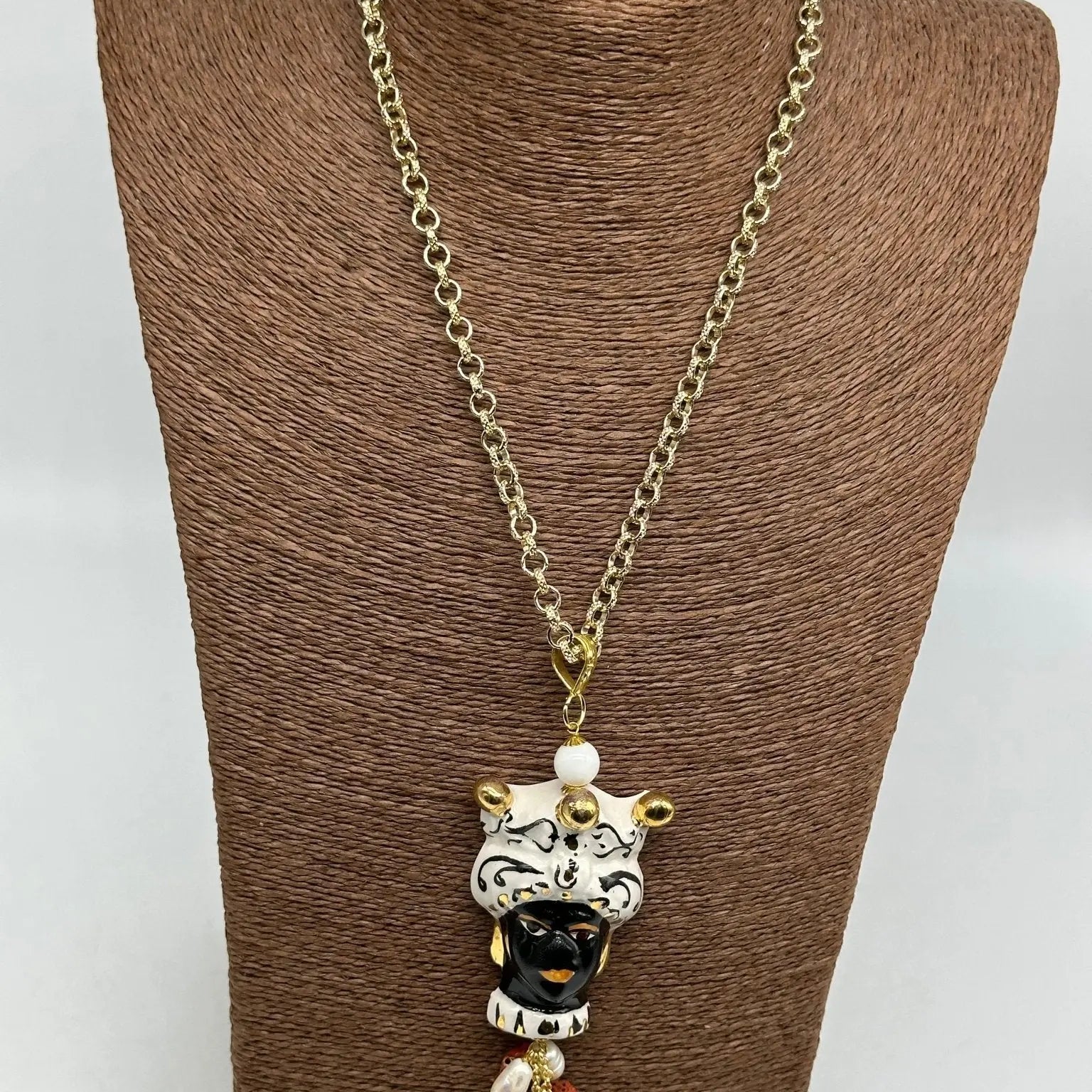 Collana Siciliana Testa di Moro Ceramica di Caltagirone Turbante Bianco Decorato Sfere Oro - COLLANA