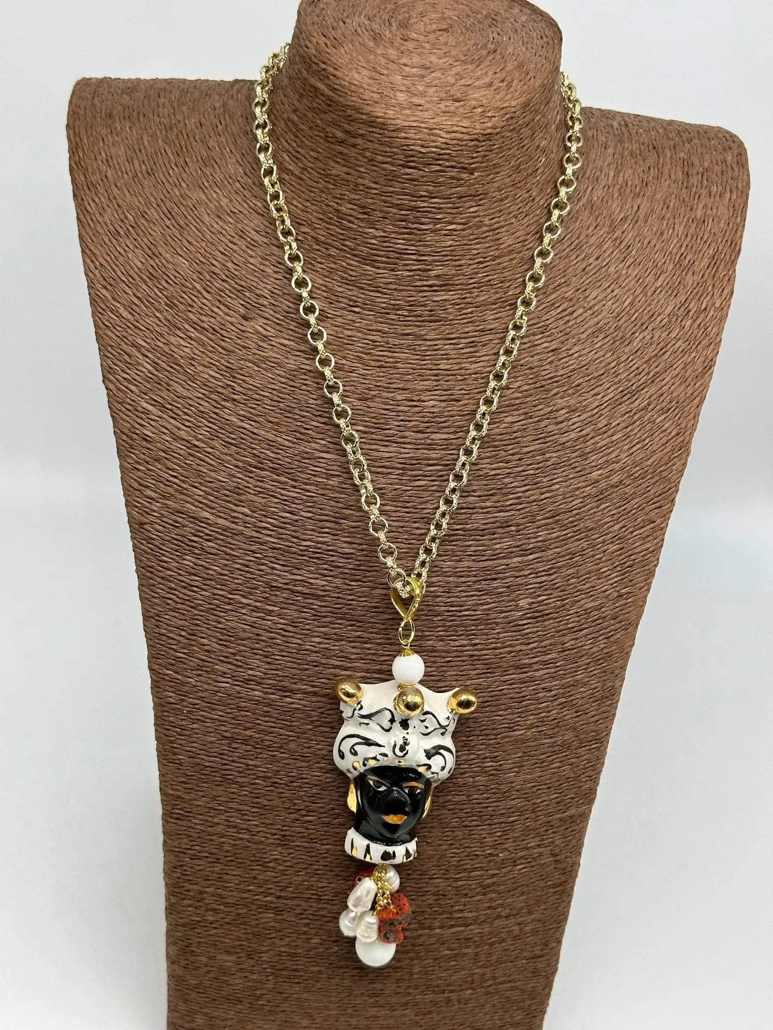 Collana Siciliana Testa di Moro Ceramica di Caltagirone Turbante Bianco Decorato Sfere Oro - COLLANA