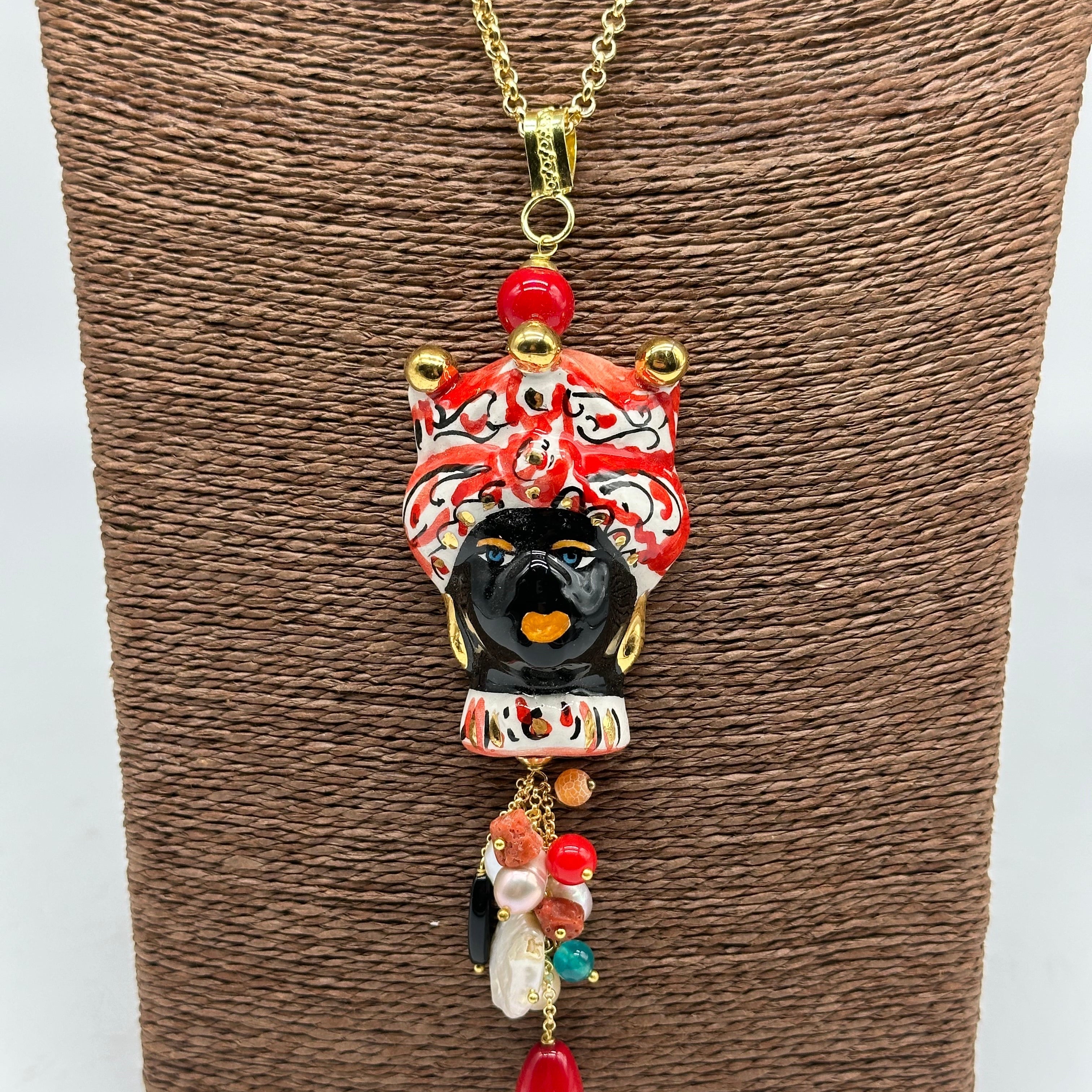Collana Siciliana Testa di Moro Ceramica di Caltagirone Turbante Rosso Decorato dettagli Oro - COLLANA