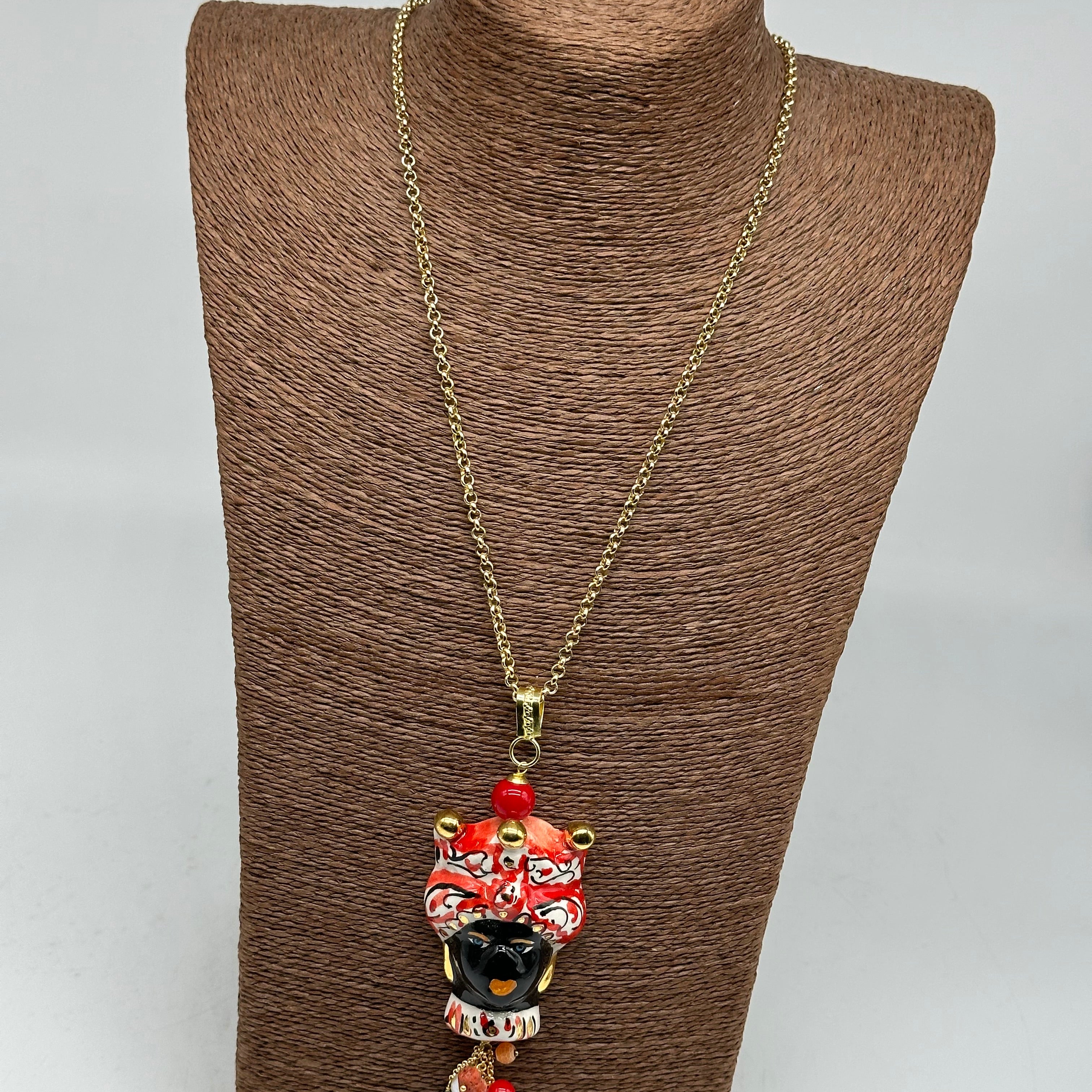Collana Siciliana Testa di Moro Ceramica di Caltagirone Turbante Rosso Decorato dettagli Oro - COLLANA