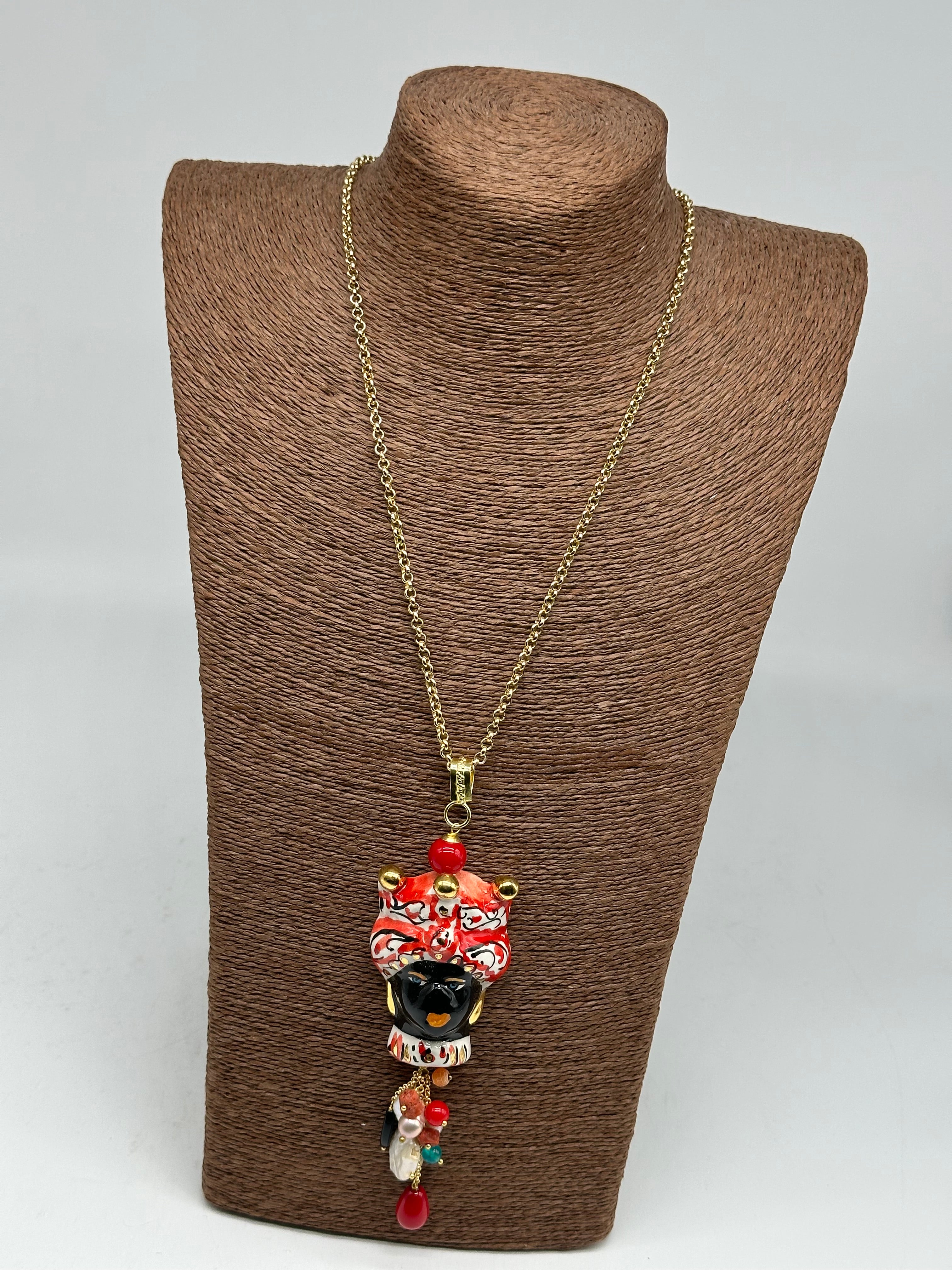 Collana Siciliana Testa di Moro Ceramica di Caltagirone Turbante Rosso Decorato dettagli Oro - COLLANA