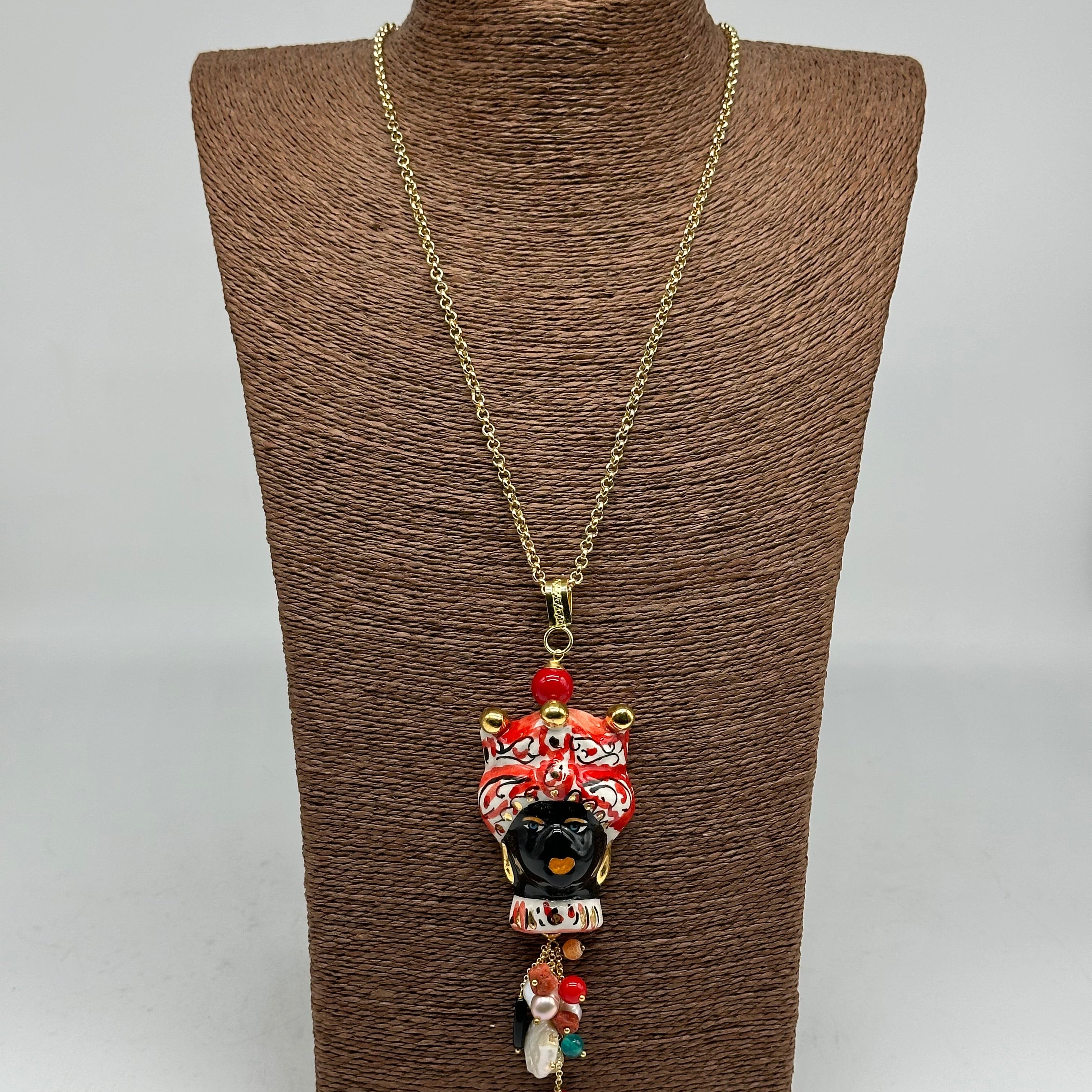 Collana Siciliana Testa di Moro Ceramica di Caltagirone Turbante Rosso Decorato dettagli Oro - COLLANA