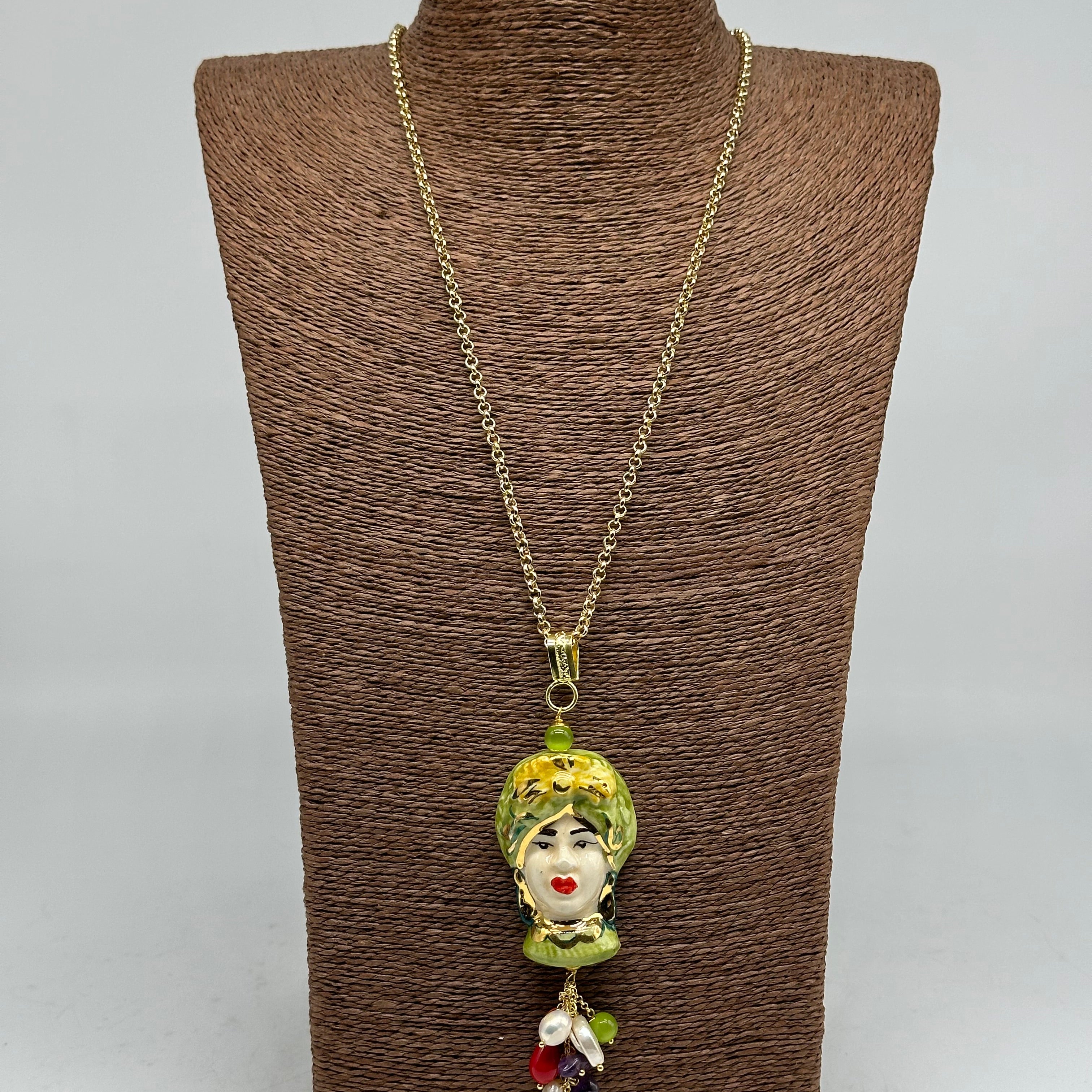 Collana Siciliana Testa di Moro Donna Ceramica di Caltagirone Turbante Verde - COLLANA